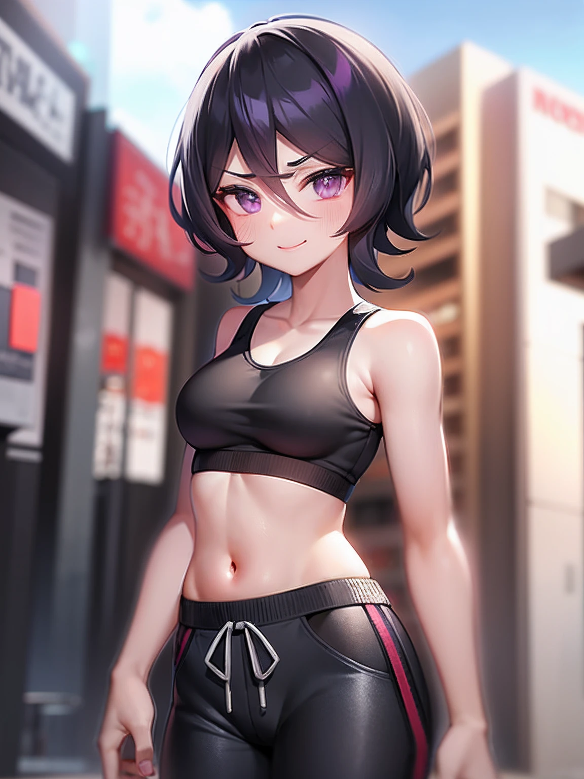 1girl, purple are, short black hair, earrings, pink croptop, black jacket, black pants, city, smiling, standing, looking at viewer