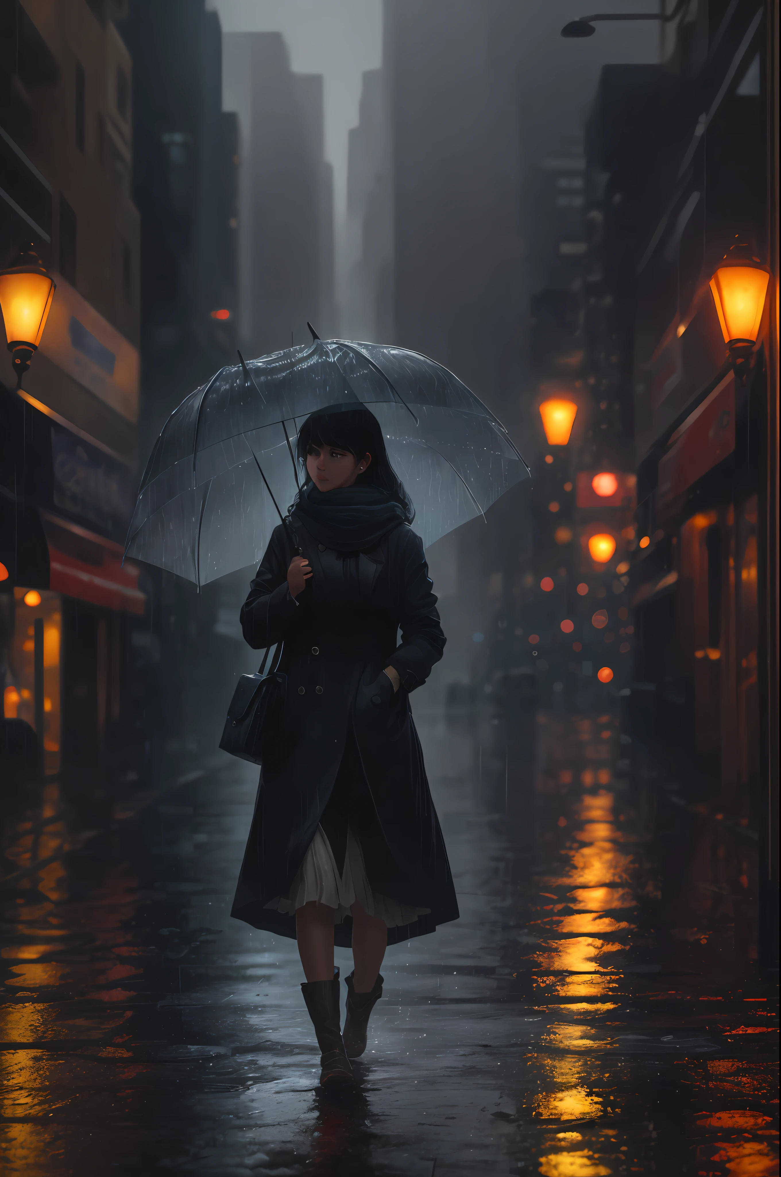 Woman walking down a rain soaked street holding an umbrella - SeaArt AI