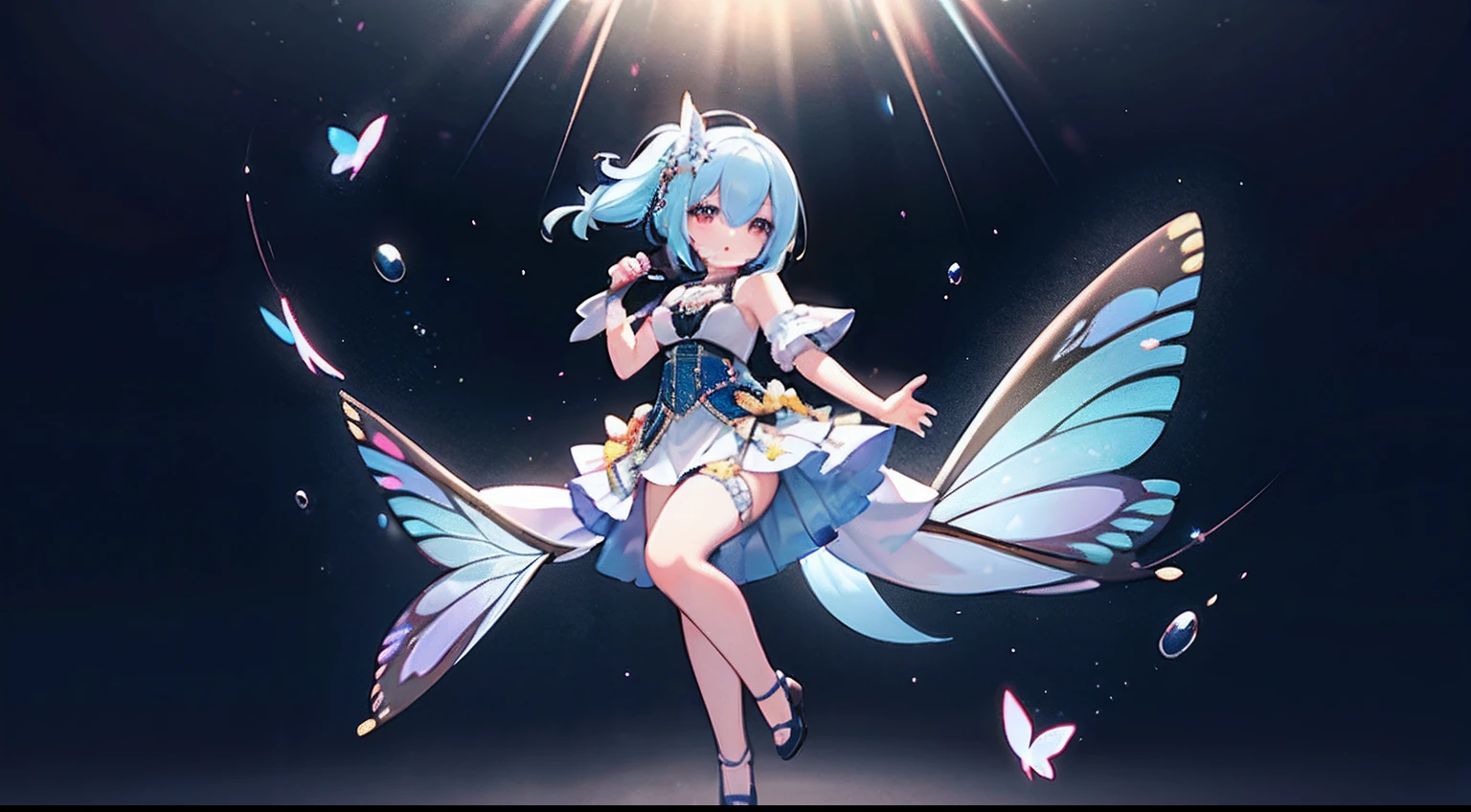 Octane Render、nffsw、(Hyper-detailing: 1.15)、(Soft light、sharp: 1.2)、songstress、full body Esbian、ultradetailed eyes、Full Paint、Splash、(Floral hair ornament、butterfly hair ornament)、 masutepiece、Anatomically correct、Sing as if floating in the light