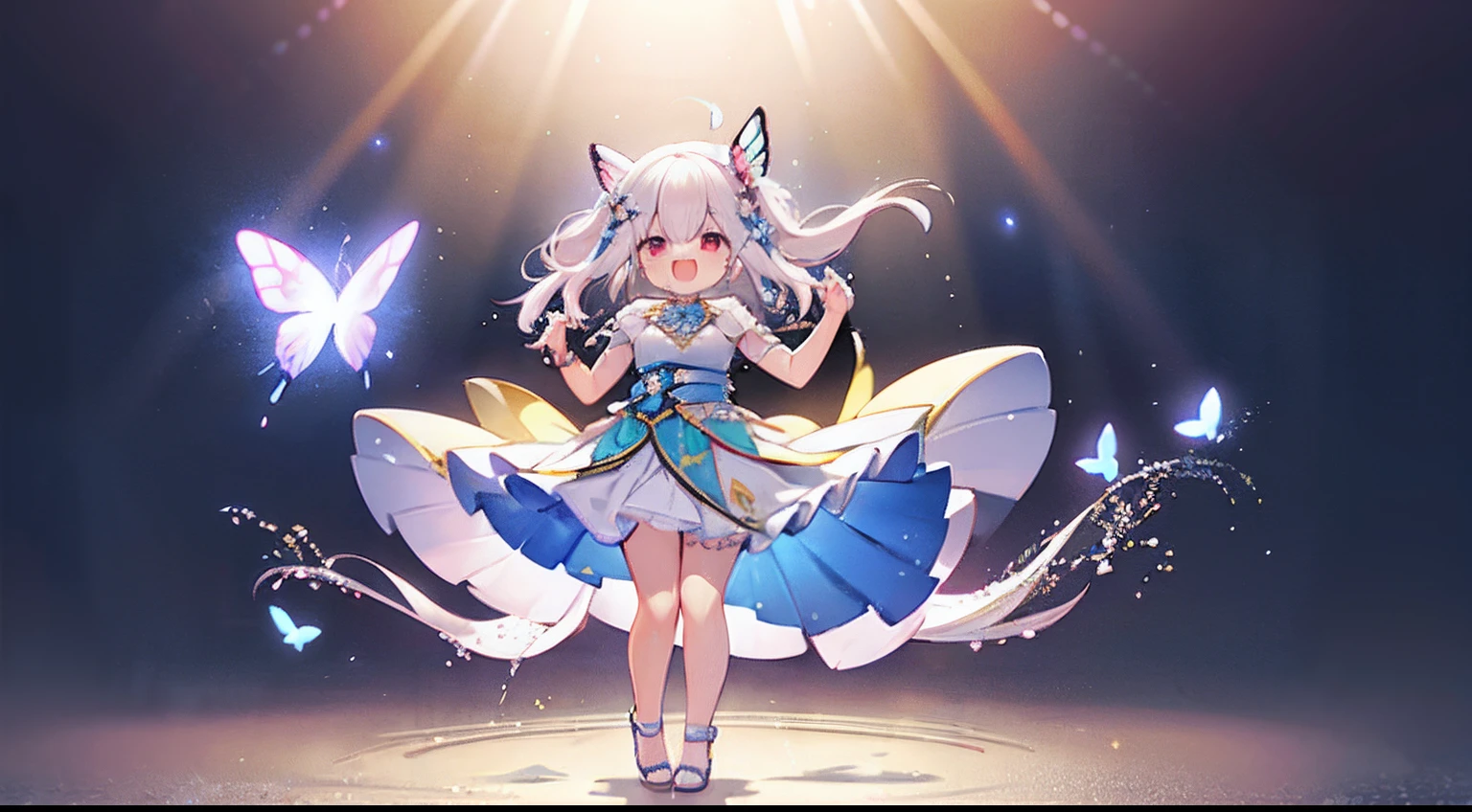 Octane Render、nffsw、(Hyper-detailing: 1.15)、(Soft light、sharp: 1.2)、songstress、full body Esbian、ultradetailed eyes、Full Paint、Splash、（Floral hair ornament、butterfly hair ornament）、 masutepiece、Anatomically correct、Sing as if floating in the light