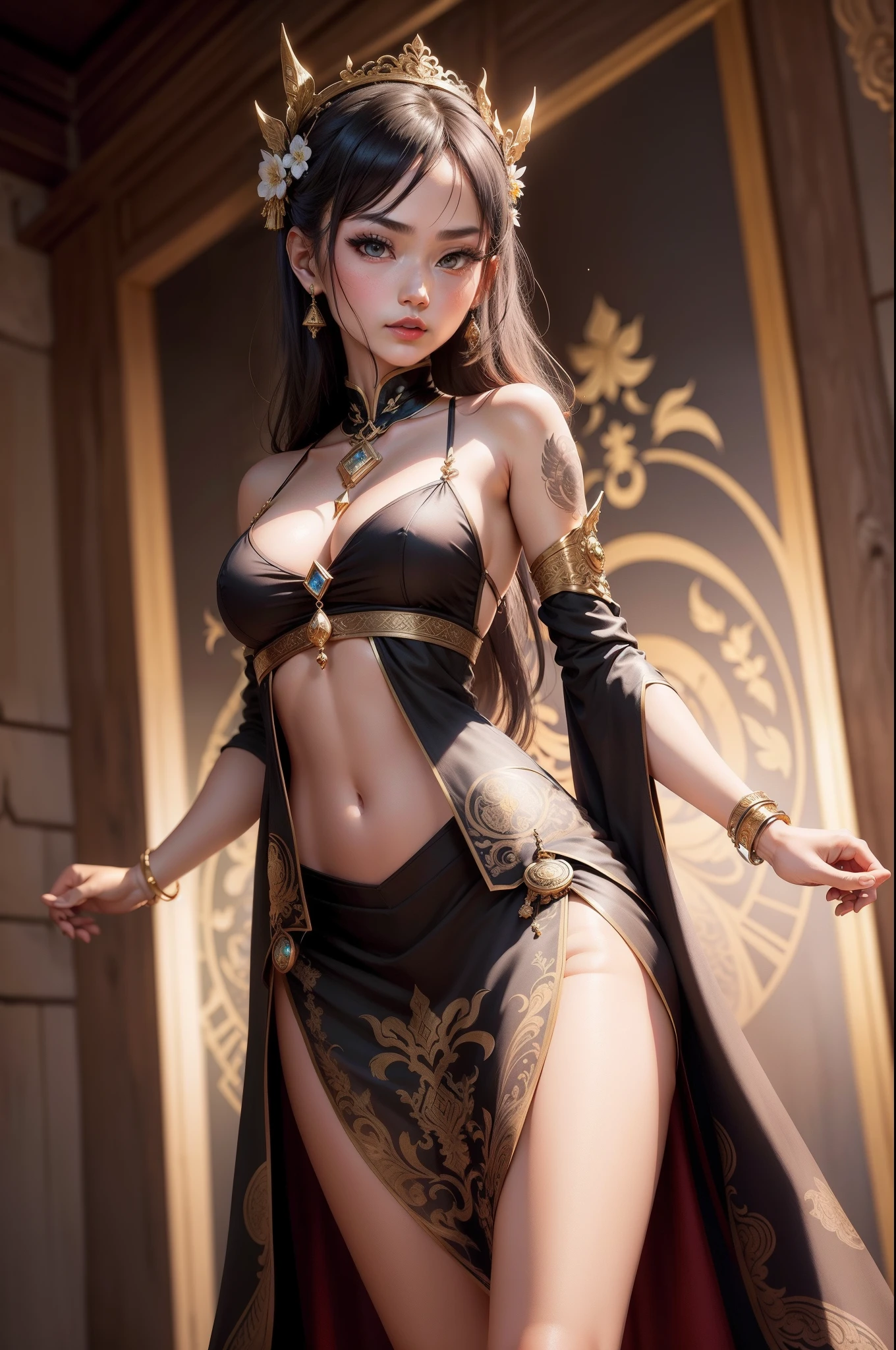 RAW, best qualtiy), realisticlying, (Realistic real: 1.3), best qualtiy, high detal, tmasterpiece, The is very detailed, illustration, 1 25-year-old goddess, The upper part of the body, dynamic angle, mess_long_hair, best qualtiy, 8k wallpaper, Very detailed Dunhuang uniforms, ink, astounding, 电影灯光, lens_flare, dunhuang_Style dress, Raised sexy, crop tops, Delicate collarbones, Patterned stockings, Full body gold pattern, The ancient goddess wore a long silk dress in Hanfu,Silk tulle dress,(Dunphoenix style:1.8)(Fantastic Dunhuang landscapes:1.8) ,Beautiful face and extremely detailed makeup,Thin black eyebrows,Detailed eye makeup,Big yellow eyes,Sparkling eye makeup,tall nose bridge,hair-bun,Hair brooch,Jewelry on the head and neck,Big and round breasts, Broombud,Red lipstick,Sweet little lips,A bracelet on the wrist,Jewelry on Goddess Don's Audai,Small tattoo in the middle of the goddess Donkin,