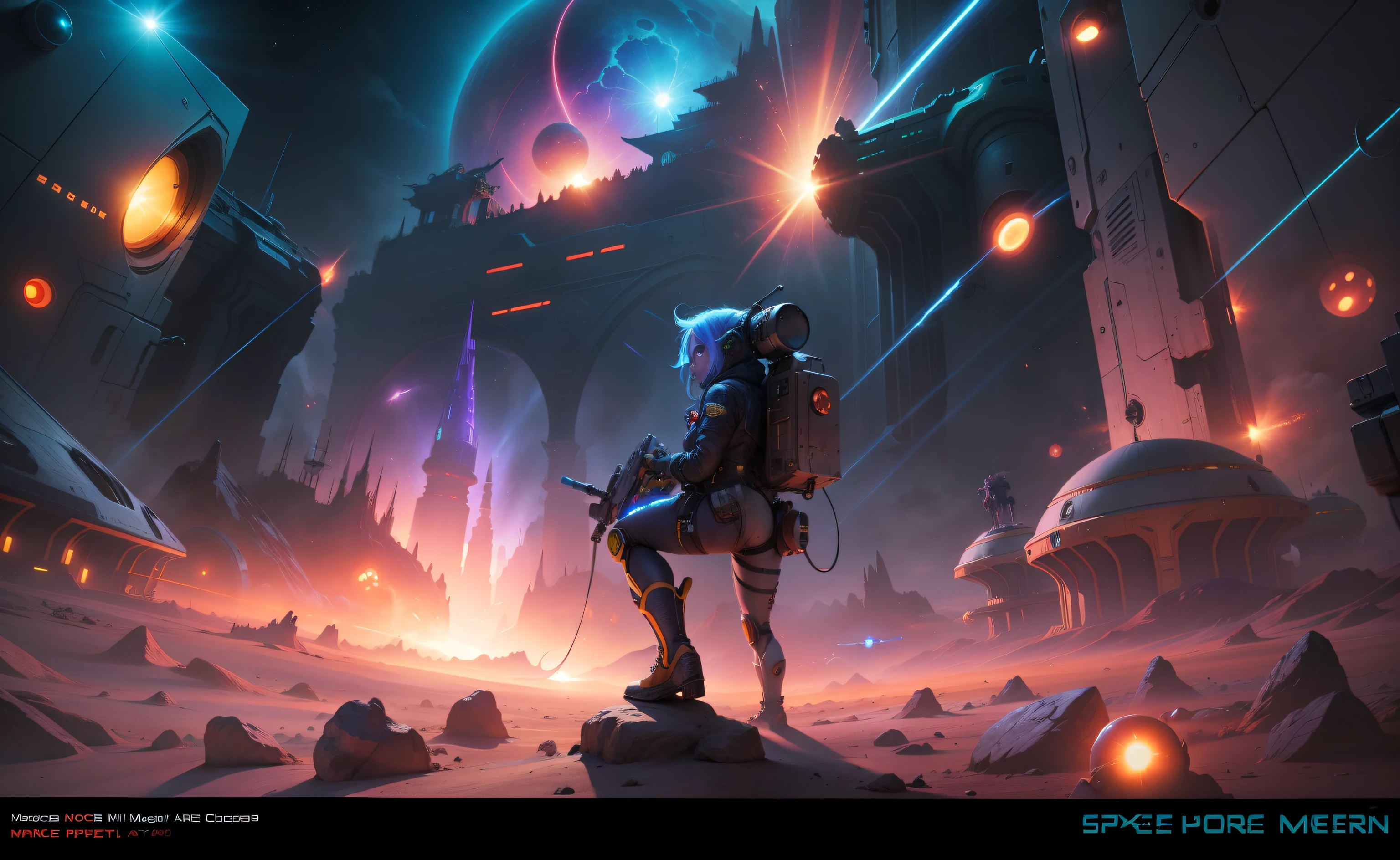 space scene girl laser gun space-goblin monsters dystopian planet cg art painting
