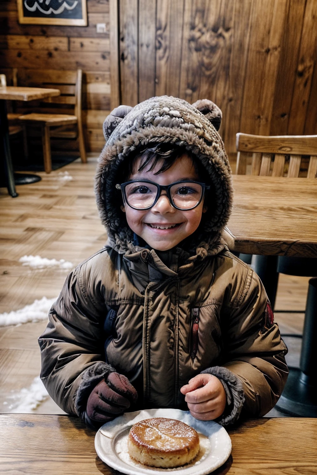 an extraordinarily detailed scene featuring a 3--old , wearing glasses and snugly dressed in an Eskimo-style outfit with a furry hood. He's seated in a cozy cafe, cradling a steaming cup of coffee in his tiny hands. On the rustic wooden table before him, there's a plate with a tempting slice of apple pie. Beyond the cafe's warm interior, a heavy snowfall blankets the surroundings. This image captures every intricate nuance of the happy boy and his delightful coffee moment.