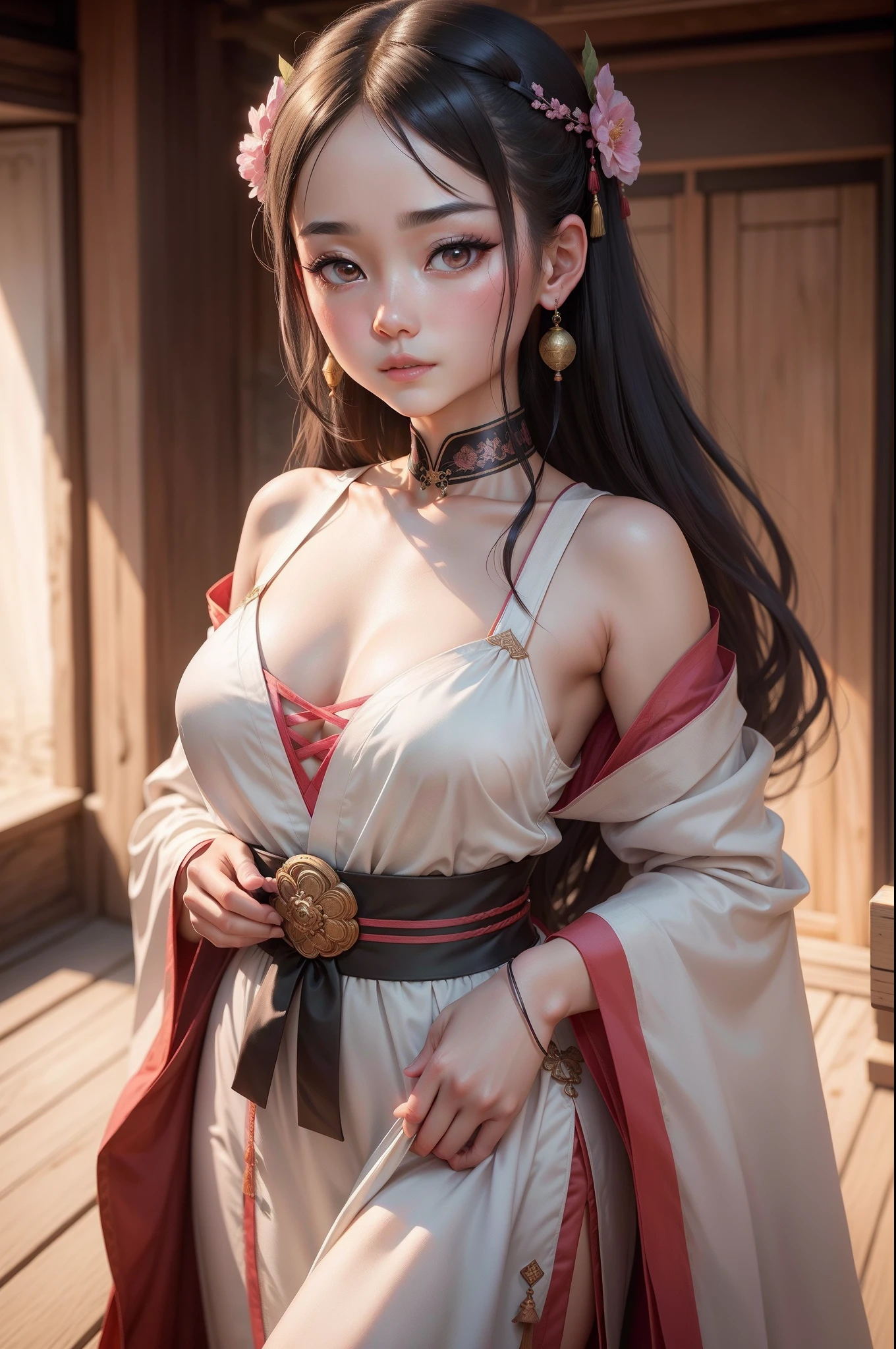 The 18 year old girl is very beautiful and elegant, Wear slim clothes, Ancient Han dynasty costumes, Masterpiece, A high resolution, In the dark: 1.6), surreal female portrait by David Hockney and Alphonse Mucha, Realistic girl, Long silky black hair, Double bangs, Non-engaged hairstyling design, Chinese face, Cute face, Realistic girl, Photorealism, Dynamic lighting, art  stations, voluminetric lighting, Very detailed faces, (((Oval face: 1.2))), ((Short chin:1.8)), 8K Ultra, Awarded, In the dark, deepshadow, low tune, cowboy lens, Red phoenix dress, Bust, luxurious palace, Hanfu style, crown, The black eye makeup is very sharp and detailed, face clean, The most beautiful face, Balance teeth, bright white teeth, Chinese pretty girl, the breasts are large，Round and round, Breast augmentation, Very tight breasts, Super realistic, chinese women's clothing, opens his eyes wide, The eyes are very well made up, Eye bags under wet makeup, Guviz, Dunhuang style, wearing black mesh socks, Long, neat black hair, Double bangs, (((Mouth closed: 0.9))), Red lipstick, ((Thick upper lip:0.6)), Small lips and red lips, the landscape is overcast and thunderous, Upper body portrait, Close-up of main character, (Background details 1.8), Smooth skin, Ruddy smooth skin, hdr, hyper HD, 8K quality, Detail pixels, Super realistic, Ultra photo realsisim, Attractive girl, look at the upper half of the girl, Look directly at the viewer, Get close to girls, Take close-up photos of girls,Realistic close-up of face