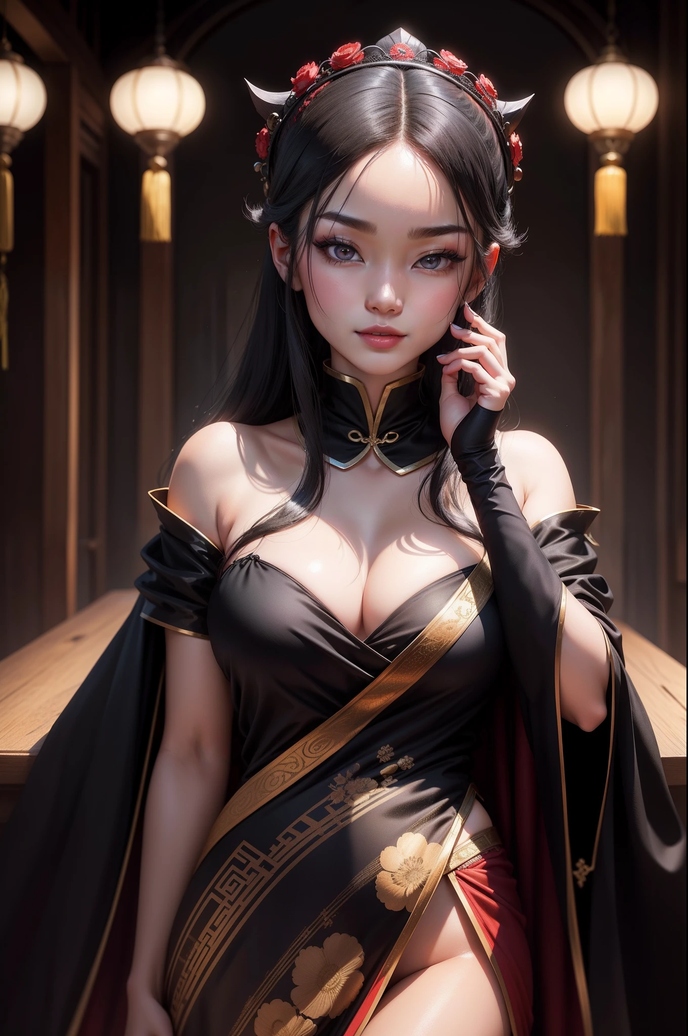 1 Chinese girls are beautiful and cute, Wear a long silk shirt in a sexy color, In the dark: 1.6), surreal female portrait by David Hockney and Alphonse Mucha, Realistic art, Chinese super cute doll, Cute little face,Photorealism, Dynamic lighting, art stations, voluminetric lighting, Very detailed faces, Round chin, 8K Ultra, Awarded, In the dark, deepshadow, low tune, Wear black contact lenses: 1.4), TRADITIONAL CHINESE COSTUMES, Long hair, Black hair, Bust, luxurious palace, Royal style, devil crown, The black eye makeup is very sharp and detailed, The most beautiful face, Balance white teeth, the breasts are large,Round and round, Super realistic, chinese women's clothing, polo neck sweater, Charming smile, The eyes are very well made up, Eye bags under wet makeup, Guviz, Hanfu style, wearing black mesh socks, pony tails,A bow is tied behind the hair, Red lipstick, Wearing a thin red and black robe, Pull the shoulder straps with both hands to reveal sexy breasts, the landscape is overcast and thunderous, (Upper body portrait), Close-up of main character, (Background details 1.8),hdr, hyper HD, 8K quality, Detail pixels, Super realistic,