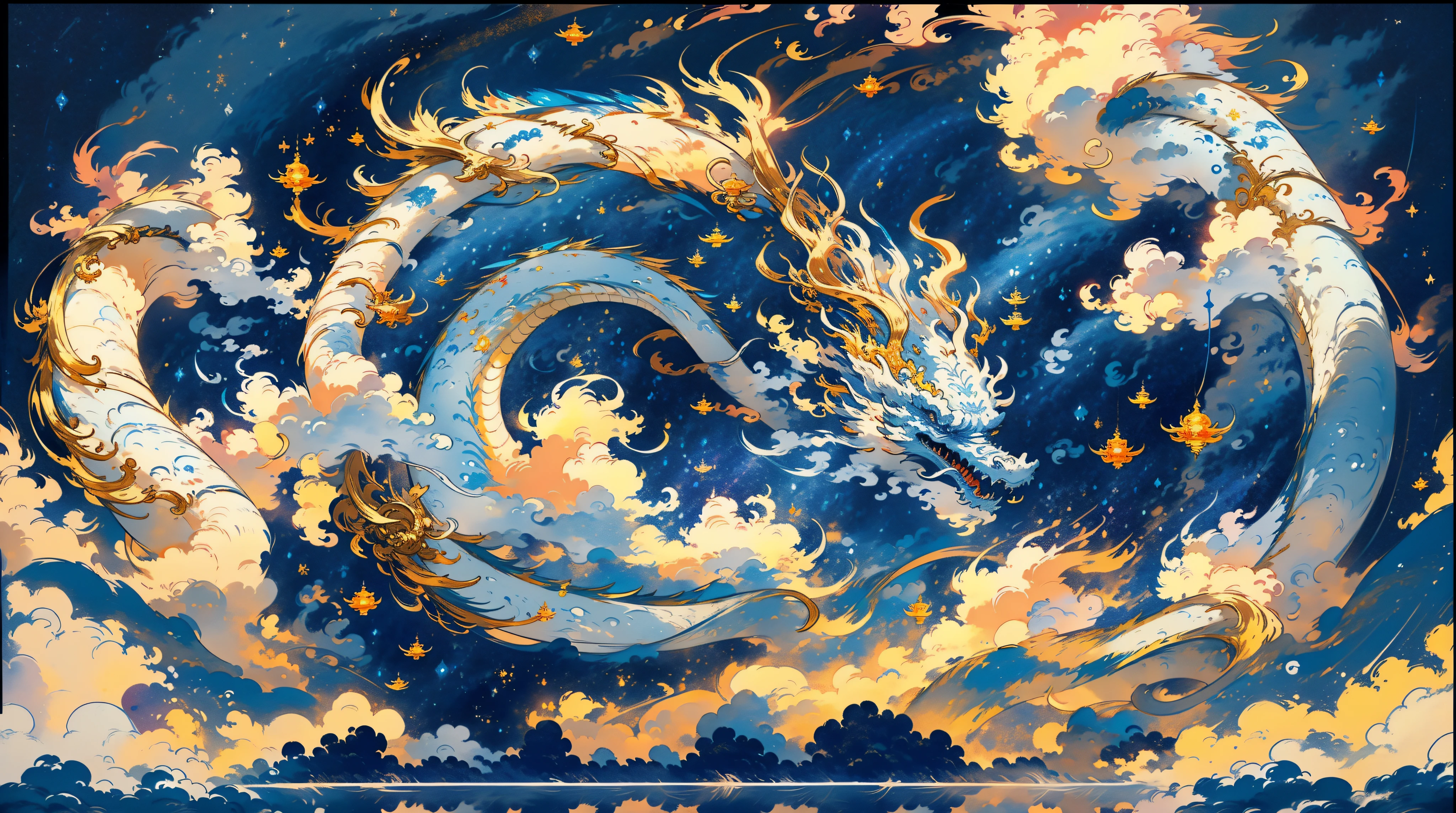 Win a new journey towards tens of billions。Complete auspicious dragon，There are faucets，Break through the clouds。Dark blue starry sky background。National tide color matching。Landmarks from Guangdong, China are in the background，Looming。Light penetrates the clouds。