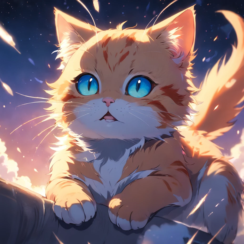 cat , floating in the sky, close-up, bright,cat, happy, warm soft lighting, sunset, (sparks:0.7)