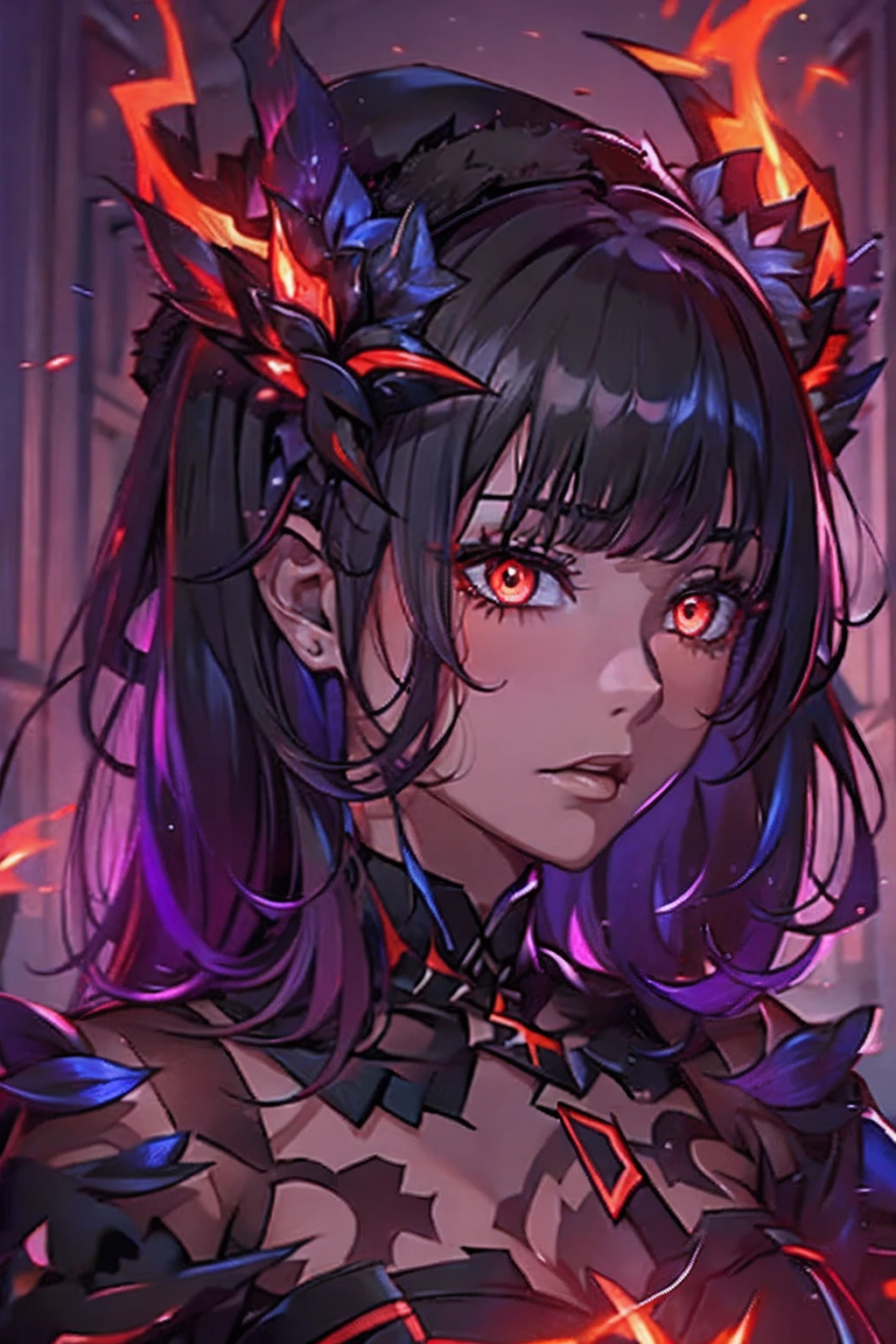 1 girl, demon girl, solo, black hair, short straight hair, gloves, bun updo, side bangs, long horns, ultra detailed red and black eyes, slit_pupils, gothic dress, sleeveless gothic dress, light gothic dress, skirtless gothic dress, gothic cathedral, glowing flames surrounding the girl, inner room of the cathedral is on fire, exuding flames from eyes, dim lighting, warm colours, fascinator_hat, beautiful pose, serious expression