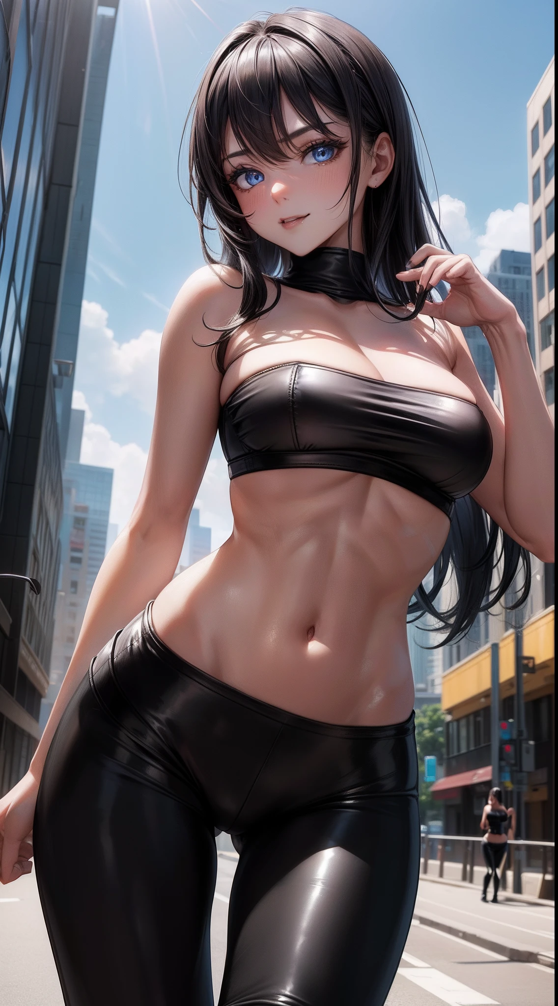 8k, highres, ultra detailed, (masterpiece:1.4), best quality, symmetrical body, a beautiful 18 year old girl, (black bandeau bra:1.5), (plain black leather leggins:1.5), full body shot, cute, solo, long hair, black hair, blue eyes, glow effect, finely eye, detailed face, looking at viewer, smilling at viewer, leaning forward, dominant look, (seductive:1.4), big breasts, sun, rim light, in the city, (sexy pose:1.4)