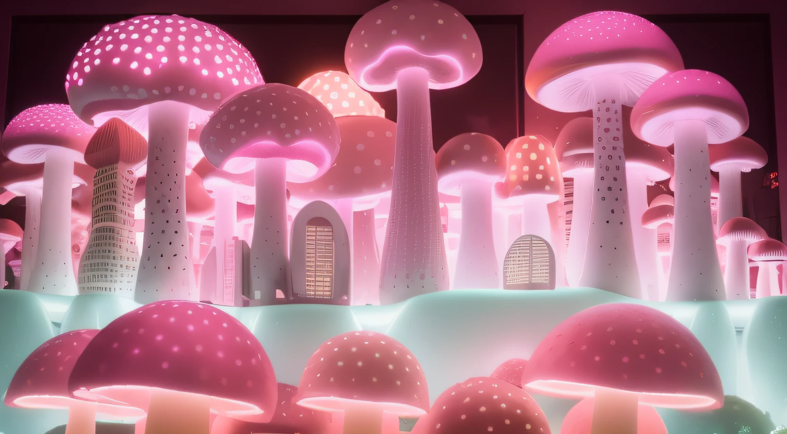 Cidade. mushroom buildings. Janelas no mushroom. mushroom Pink escuro neon. constructions.