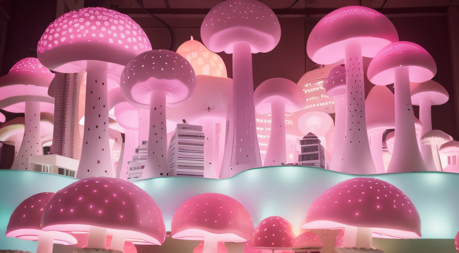 Cidade. mushroom buildings. Janelas no mushroom. mushroom Pink escuro neon. constructions.