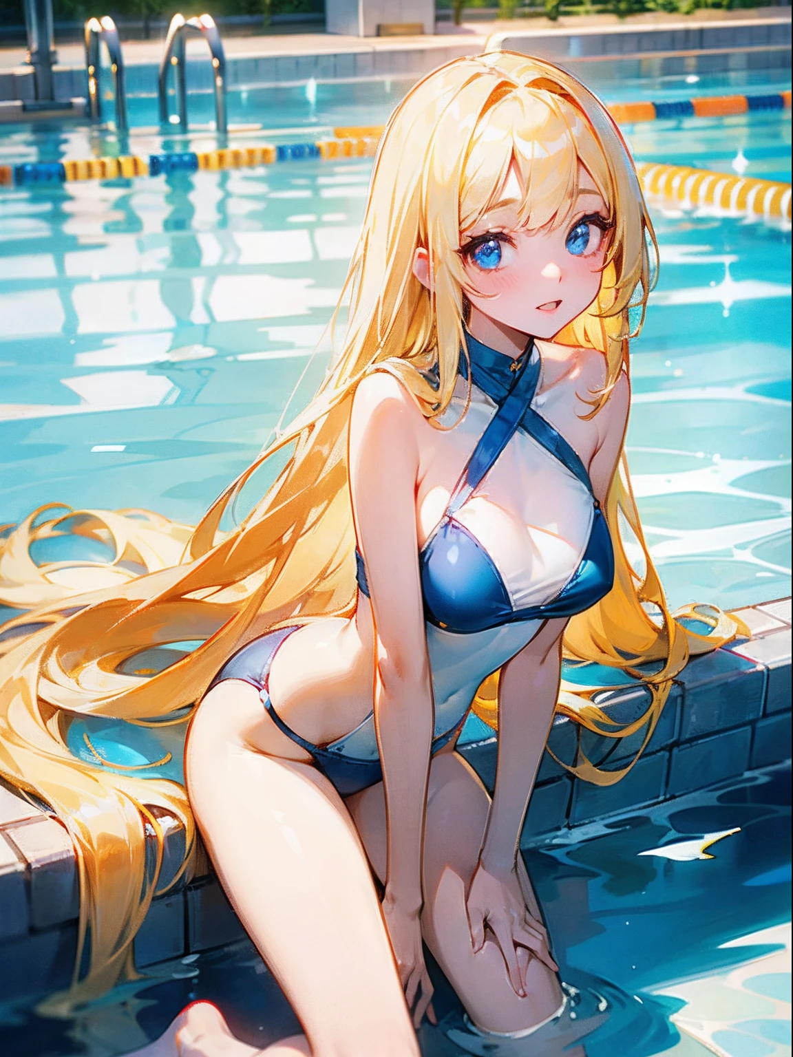 bright expression、photorealisim、top-quality、超A high resolution、a picture、Exquisitely beautiful Nordic girl photo、Detailed cute and beautiful face、(pureerosface_v1:0.008)、Beautiful bangs、alice in the wonderland、14years、Glowing white shiny skin、facial hairs、Bangs that extend to the face、bangss、Hair between the eyes、Super long hair、Attractive bright natural blonde super long straight silky hair、finer hair、Attractive glowing beautiful bright clear light blue big eyes、Bikini swimwear、eye liner、Double eyelids、ample breasts、school swimming pool、in poolside、