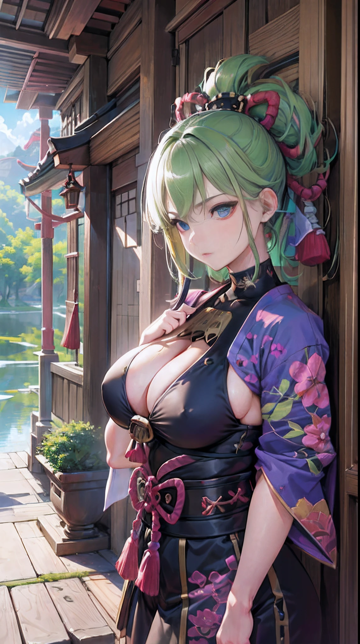 (NSTDA.:1.2), (10, beste-Qualit, master-piece: 1.4), ultra-high resolution, (lifelike, photorealistic portrait: 1.48), 30 years old, A Beautiful Girl, Tall, gigantic breasts, Famous Japanese actors, Blue Eyes, Head tilt, cowboy shot, from the front, looking at the audience, Sliced thinly., Beautiful lake, Zeiss 150mm F/ 2.8 Hasselblad, In Japanese shrines, Whole body, foot, Ultra-Wide Angle