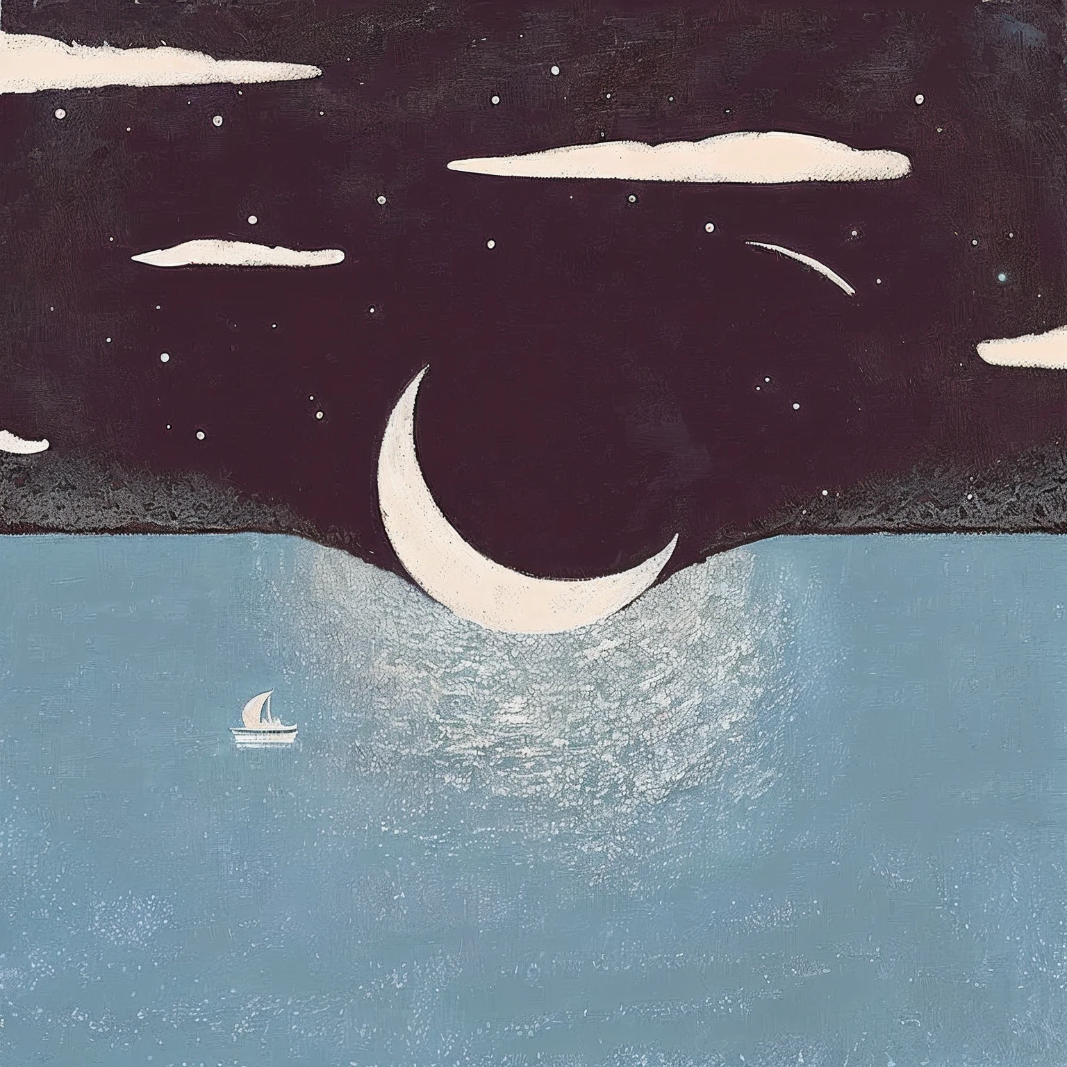 Illustration of a ship floating in the ocean，There are whales in the sea，The sky is all stars，It has a crescent on it, the night sky is a sea, moon light fish eye illustrator, night sea, calm evening. Digital illustration, float under moon light at night, ocean pattern and night sky, illustratio, moonlit ocean
