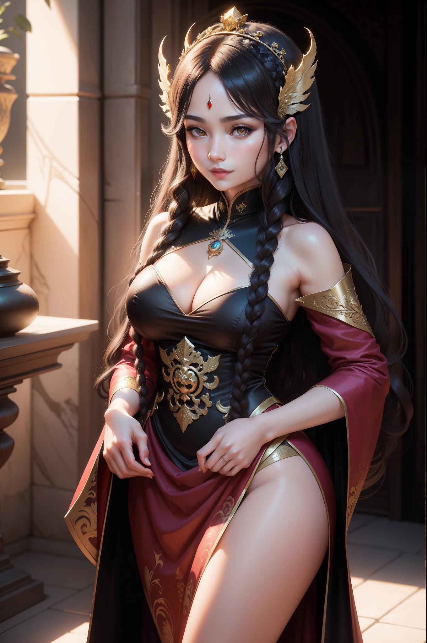 The 18 year old girl is very beautiful and elegant, Wear slim clothes, Ancient Han dynasty costumes, Masterpiece, A high resolution, In the dark: 1.6), surreal female portrait by David Hockney and Alphonse Mucha, Realistic girl, Long silky black hair, Double bangs, Non-engaged hairstyling design, Chinese face, Cute face, Realistic girl, Photorealism, Dynamic lighting, art  stations, voluminetric lighting, Very detailed faces, (((Oval face: 1.2))), ((Short chin:1.8)), 8K Ultra, Awarded, In the dark, deepshadow, low tune, cowboy lens, Red phoenix dress, Bust, luxurious palace, Hanfu style, crown, The black eye makeup is very sharp and detailed, face clean, The most beautiful face, Balance teeth, bright white teeth, Chinese pretty girl, the breasts are large，Round and round, Breast augmentation, Very tight breasts, Super realistic, chinese women's clothing, opens his eyes wide, The eyes are very well made up, Eye bags under wet makeup, Guviz, Dunhuang style, wearing black mesh socks, Long, neat black hair, Double bangs, (((Mouth closed: 0.9))), Red lipstick, ((Thick upper lip:0.6)), Small lips and red lips, the landscape is overcast and thunderous, Upper body portrait, Close-up of main character, (Background details 1.8), Smooth skin, Ruddy smooth skin, hdr, hyper HD, 8K quality, Detail pixels, Super realistic, Ultra photo realsisim, Attractive girl, look at the upper half of the girl, Look directly at the viewer, Get close to girls, Take close-up photos of girls,Realistic close-up of face