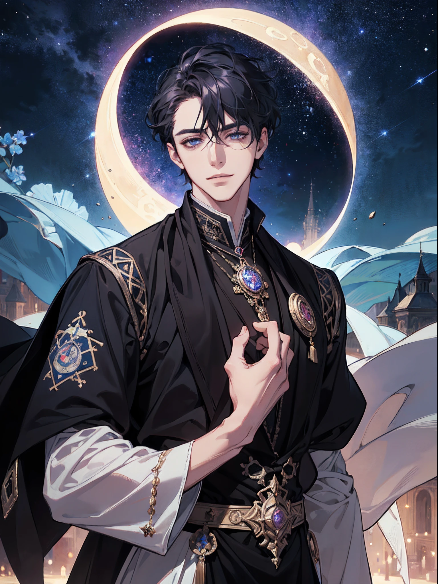 (absurdres, highres, ultra detailed), 1 male, adult, handsome, finely detailed eyes and detailed face, night sky, the moon \tarot\, Symbolism, Visual art, Occult, Universal, Vision casting, Philosophical, Iconography, Numerology, Popularity, Artistic, Alphone Mucha, short hair, smile, calm expression