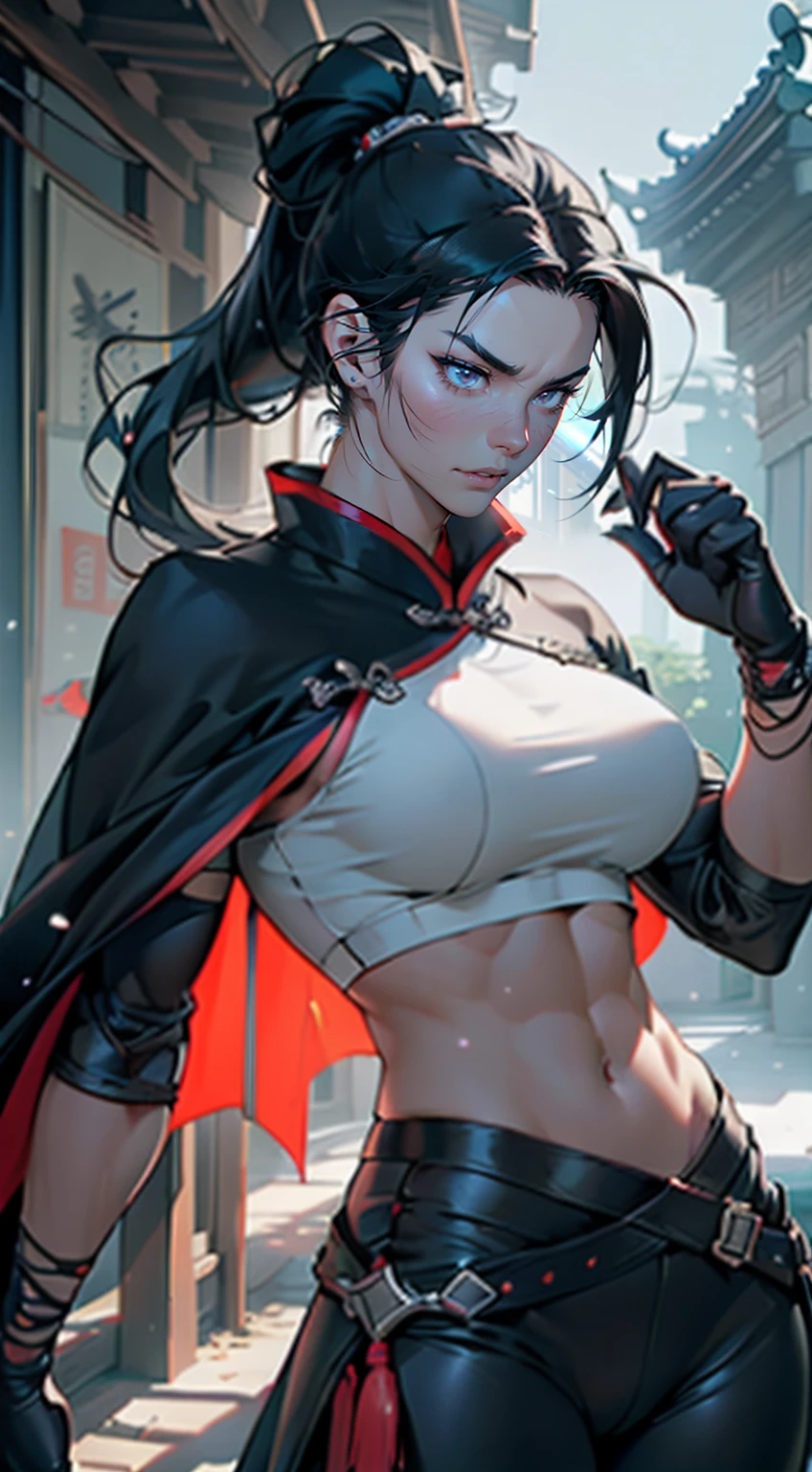 (((Masterpiece))), ((A woman with black hair, thick volume long hair, normal hair (best quality), thick volume and high ponytail hairstyle)).
((ectomorph body type, perfect body, slim and slender, slim and slender thighs, athletic body, strong and muscular, bodybuilder, big breasts)).
((serious expression, facing viewer, female focus, big breasts, in fighting position, Chinese warrior)).
((based on Chinese clothes, (black and or white cropped), wearing a loose pants, wear a clothes tied on hips covered back part, wear a short black cape on hips , wearing a light metal gloves, dark red patern)).
((perfect anatomy, centered, freedom, soul, approach to perfection, Ultra resolution, professional art, ultra detailed, global illumination, detailed and intricate environment, fluid and sharp focus, volumetric lighting, cinematic lighting, perfect lighting, light particles, light ray, ray tracing))