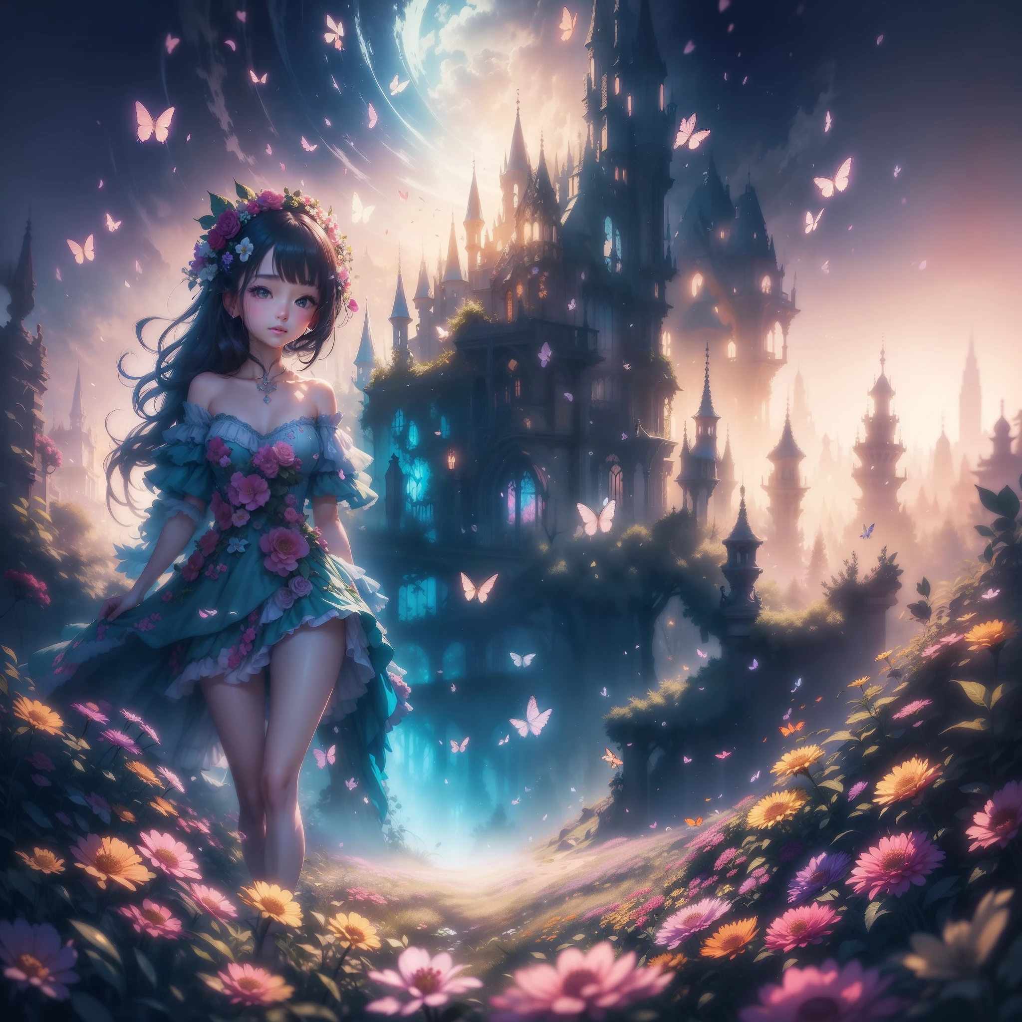 1girl, solo, full body, (masterpiece:1.21), (best quality:1.2), colorful, (illustration:1.2), (cinematic lighting:1.1), (bare shoulders:1.21), (collarbone:1.21) in this whimsical A beautiful and dreamlike garden, the scene is illuminated by a rainbow (colorful fireflies) dancing in the air. Pastel (drizzle) adorns the garden, creating a hazy and ethereal atmosphere. In the center of the picture, stands a single girl, an extremely beautiful girl, with lovely facial features and an innocent expression. Her long hair fluttered in the wind. She wore a low-cut strapless dress that accentuated her curves. The lighting is very delicate and beautiful, creating a soft warm glow that accentuates the water and makes it sparkle like a diamond. The finest grasses are also illuminated to create a lush carpet. The garden is surrounded by colorful flower fields with flowers of all colors and shapes. Various colors and sizes (coloured butterflies) can be seen flying around the scene, adding to the overall sense of wonder and magic. (Everyone, judges), a blush can be seen on the bridge of the nose, and the mouth is slightly opened, which adds to the overall sense of innocence and youth. Falling petals can be seen waving around her, adding to the overall sense of romance and beauty. The breeze is blowing, the leaves are rustling, and the flowers are swaying, adding to the overall dynamism and vitality. It is a scene of pure wonder and magic, full of color and beauty, where the viewer can lose themselves in this enchanting and captivating world.