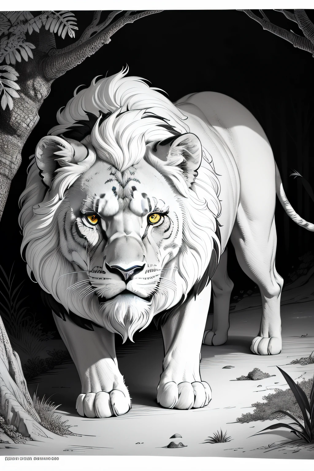 Coloring book of a lion in the jungle, fundo branco, modelo cartoon,linhas grossas, linhas pretas e fundo branco, modelo cartoon