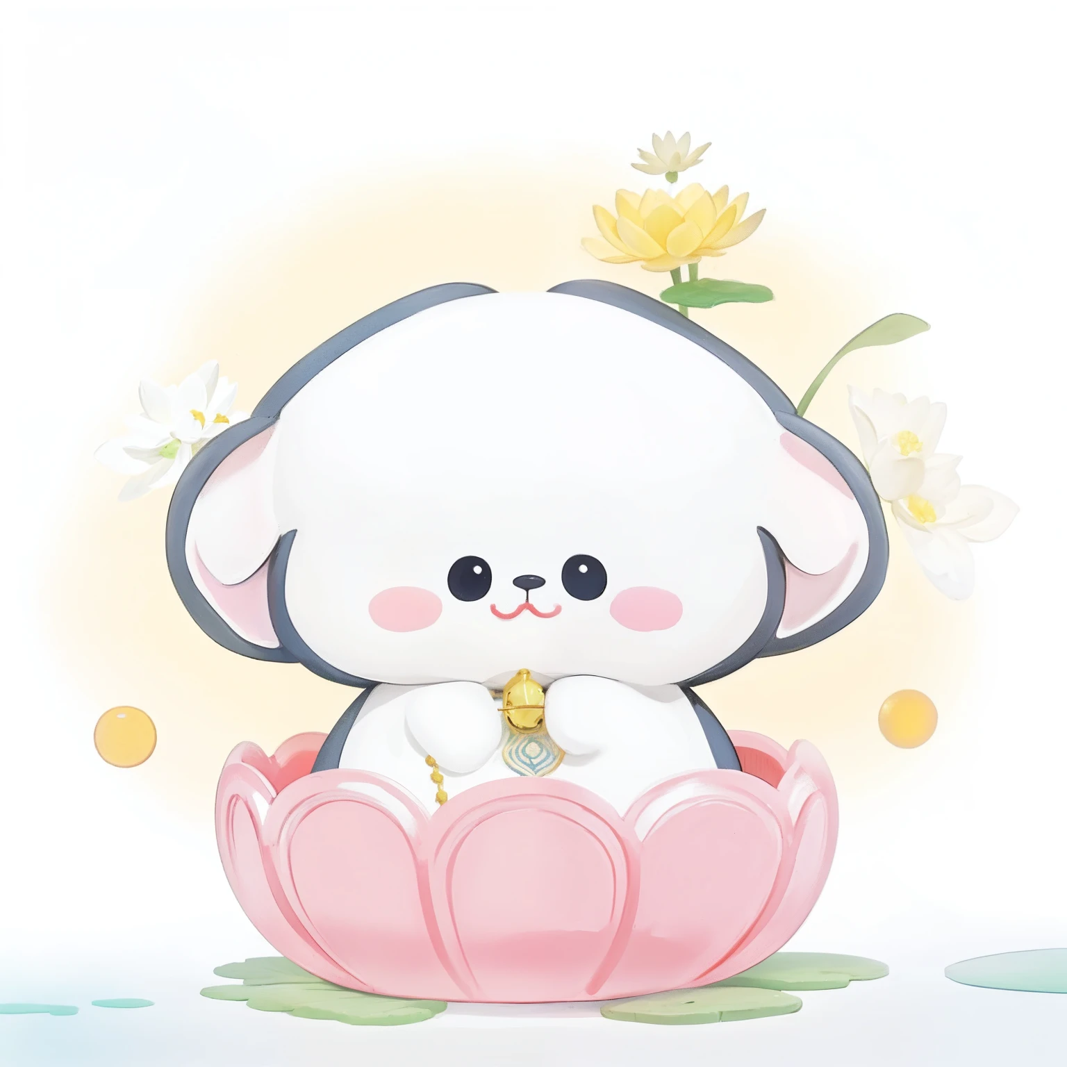 There is a cartoon elephant sitting on a flower,The background is the sun, Inspired by Prue's paintings, Pisif, sōsaku hanga, Kawaii chibi, sitting on a lotus flower, kawaii cute dog, Soft anime illustration, Middle metaverse, kawaii, Cute:2, cute artwork, cutecore