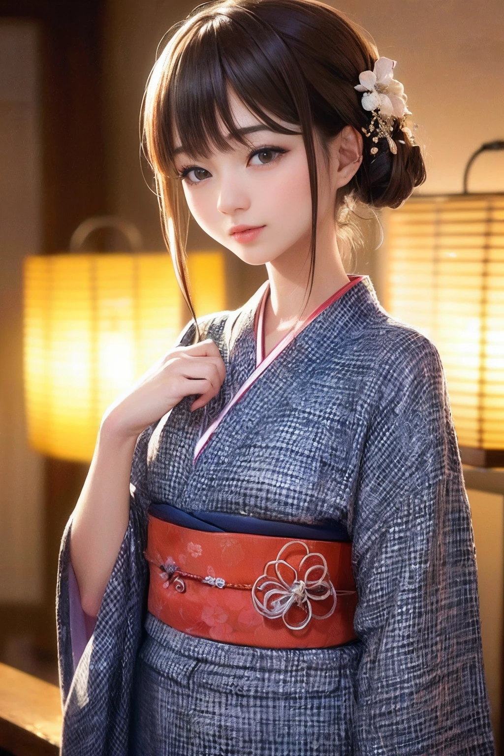 masterpiece, 20 years old, Beautiful girl, Fine grain, highest quality, Ultra High resolution, (reality: 1.4), Cinema Lighting, Beautiful Skin, (Ultra-realistic), (High resolution), (8k), (Very detailed), ( Best illustrations), Pouting slightly, (Crystal colorful lights), Extremely refined and beautiful, beautiful detailed eyes, Round eyes, detailed facial features, (Round pupils:1.4), (alluring face), Smiling lips, (Medium breasts:1.3), smile, Open lips, (Beautiful and detailed face, Beautiful and delicate eyes), pink cheek, mascara, brown hair, short hair, off shoulder, She's weaving, wearing a white kimono, Crane symbol on the chest,