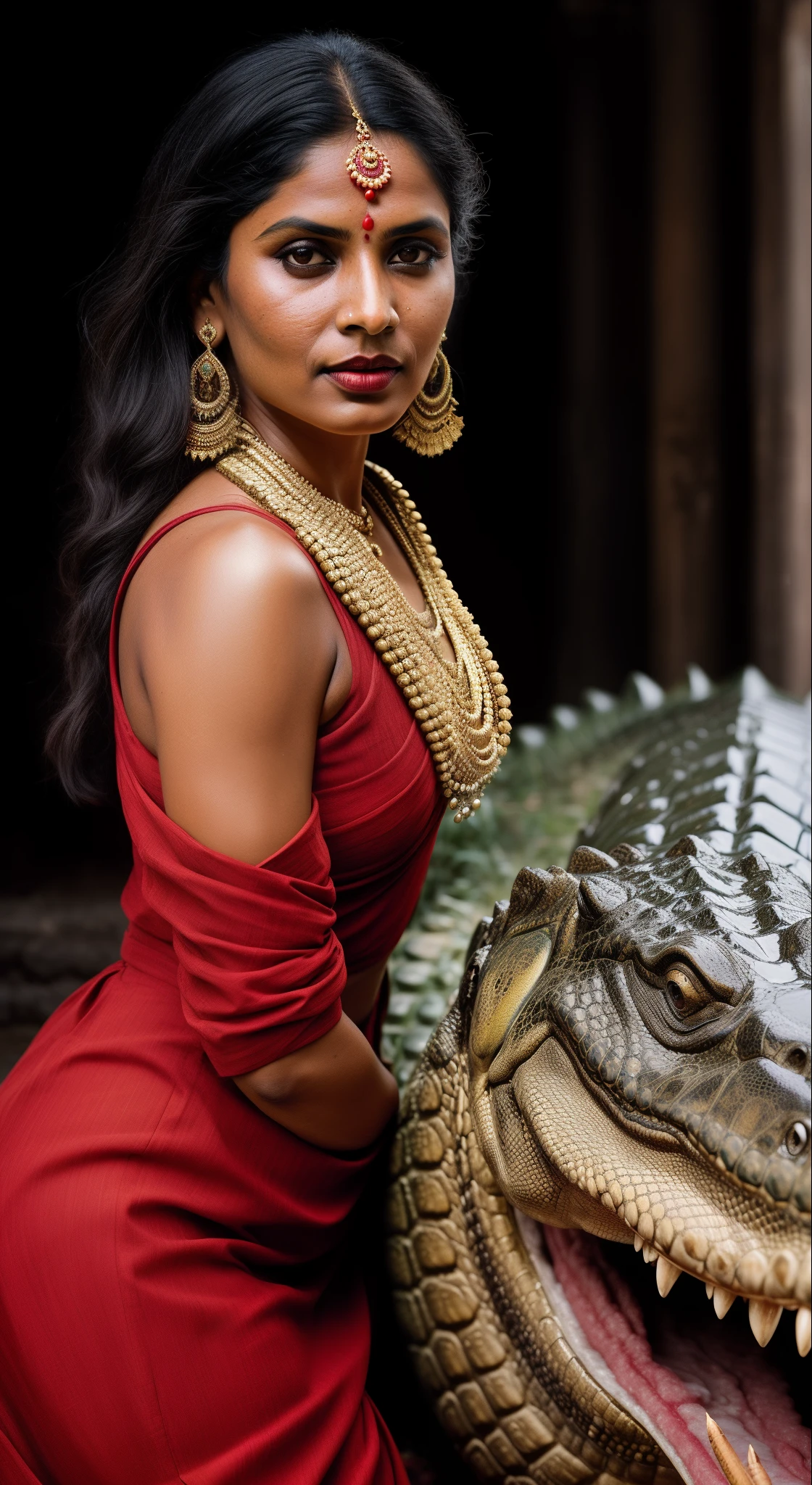 a woman in a red dress riding on a large alligator, hindu aesthetic, inspired by Raja Ravi Varma, indian goddess, alligator shaman, cinematic goddess shot, crocodile loki, closeup portrait shot, portrait shot, indian goddess of wealth, traditional photography, by Max Dauthendey, national geographic photoshoot, inspired by Steve McCurry, photo taken with nikon d750