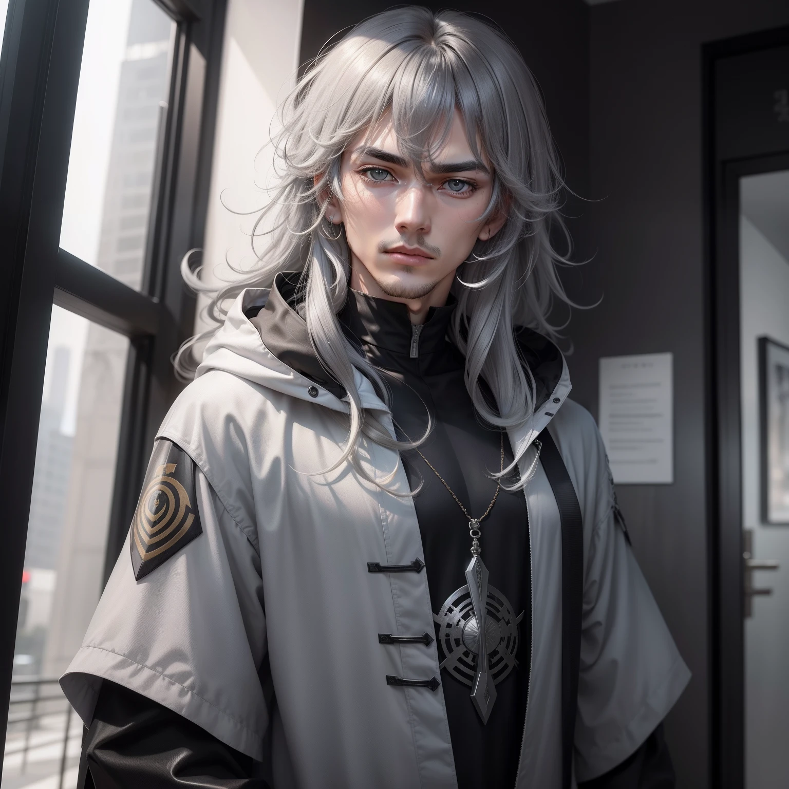 ((HighestQuali,tmasterpiece,4K,finedetail,Detailed eyes,详细的脸,Complicated details)),(((Gray eye))) ((Solo exhibition)),(((male people,male people,Handsome,Adult men,being thin,apathy)))((messy hair,Hair to shoulders,Long bangs fall on the face,disheveled bangs,Dark gray hair color。Gray hair)),((Light gray eye color,)),(((Black ancient powersuit)))
