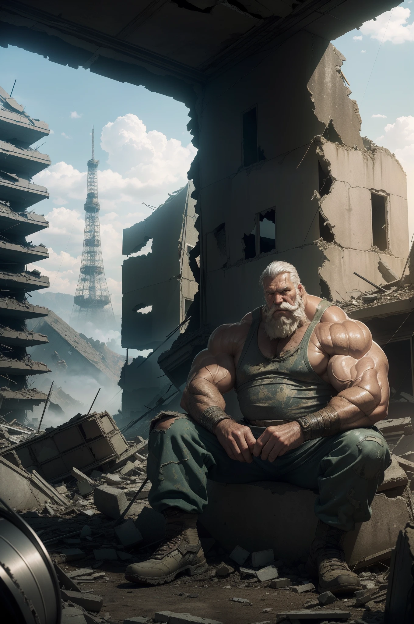 extremely detailed, detailed face, detailed eyes, detailed muscle, (view full body), ((1man)), (object (big muscular old man soldier sitting resting in the ruins of the building)), the old man is soldier and wearing soldier uniform, old man (facial hair, beaded, white beard, battel scar face, short hair, white hair, strong character, strong muscle), (background ((waster land, post-apocalypse, ruined city))),  (photography (50mm lens, cinematic, cinematic color))