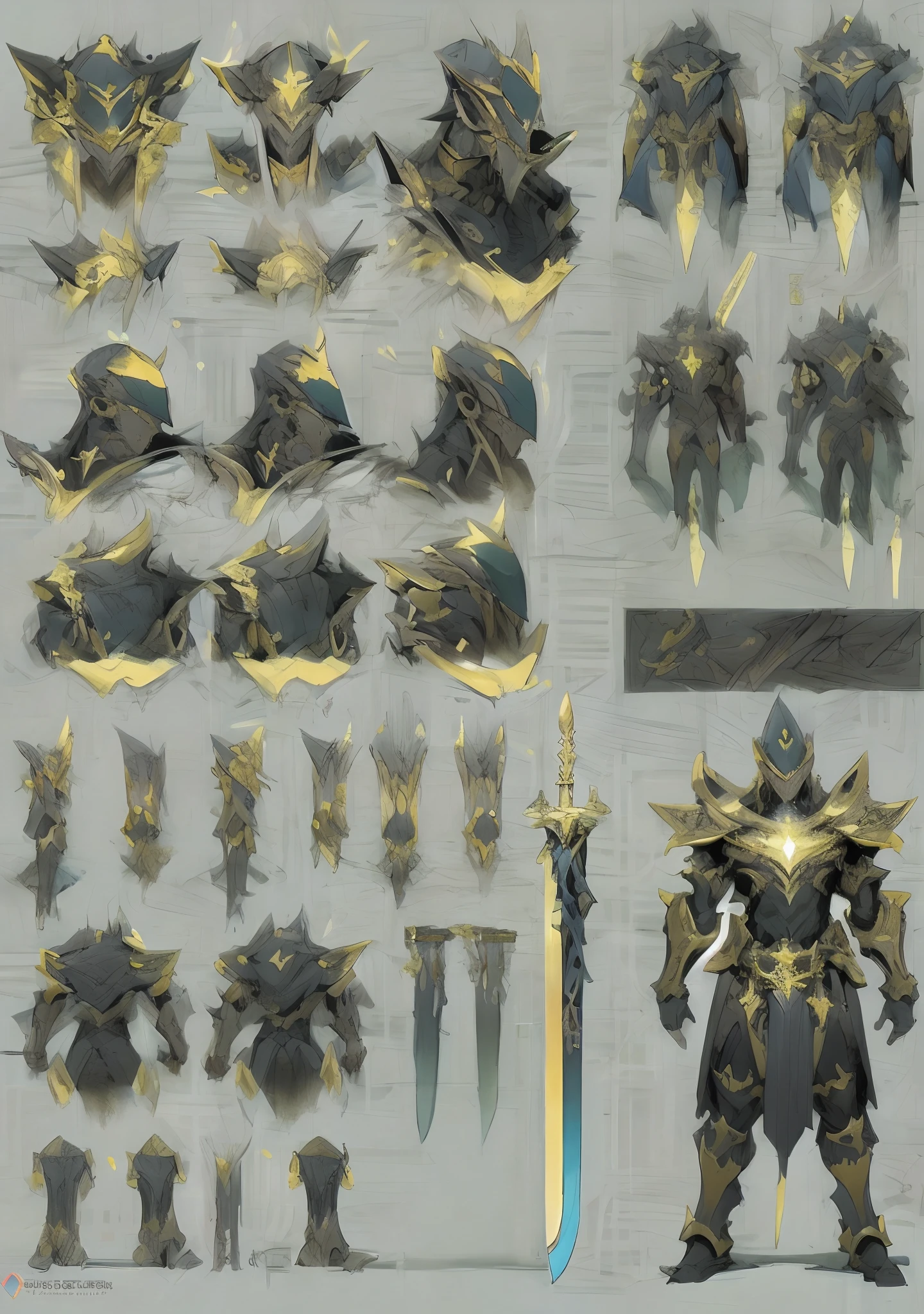 Design a layout showcase Gameing Character, a Warrior. Golden+Black armor, stylish and unique. Detailed huge sword. (masterpiece:1.2), (best quality), 4k, ultra-detailed, (dynamic composition: 1.4), Step by step design, layout art,(luminous lighting, atmospheric lighting), gloomy, magical, (((glove full hands))),