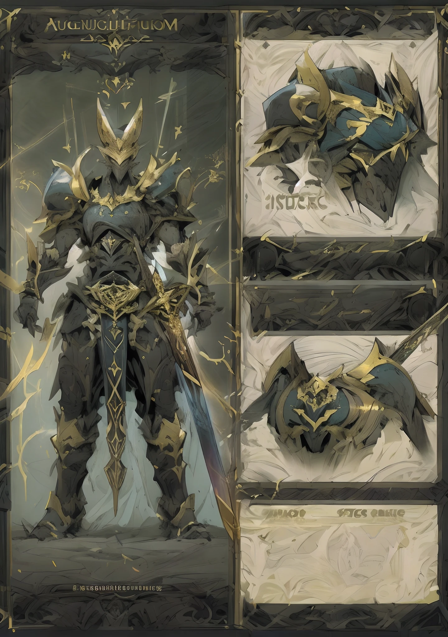 Design a layout showcase Gameing Character, a Warrior. Golden+Black armor, stylish and unique. Detailed huge sword. (masterpiece:1.2), (best quality), 4k, ultra-detailed, (dynamic composition: 1.4), Step by step design, layout art,(luminous lighting, atmospheric lighting), gloomy, magical, (((glove full hands))),