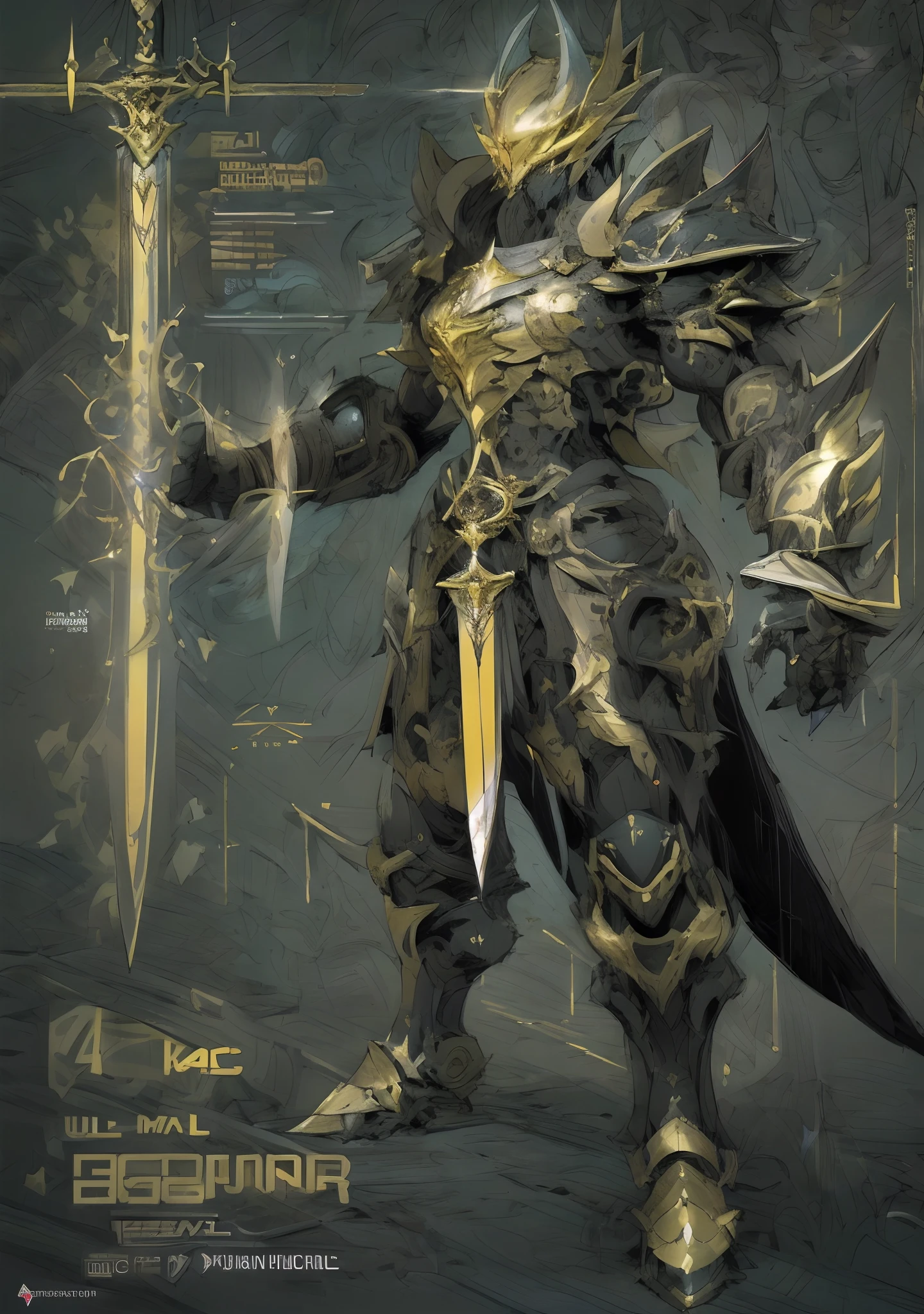 Design a layout showcase Gameing Character, a Warrior. Golden+Black armor, stylish and unique. Detailed huge sword. (masterpiece:1.2), (best quality), 4k, ultra-detailed, (dynamic composition: 1.4), Step by step design, layout art,(luminous lighting, atmospheric lighting), gloomy, magical, (((glove full hands))),