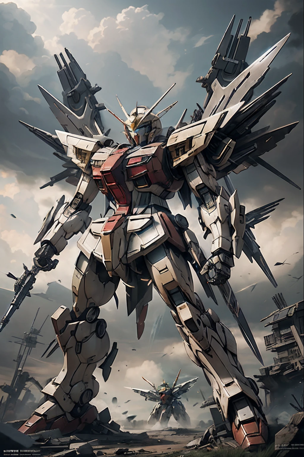 gundam, mecha, giant robot, masterpiece, gundam_freedom, wings, flying, Apocalypse, dooms day, Illustration, cinematic light, high resolution, best quality, ultra detailed,