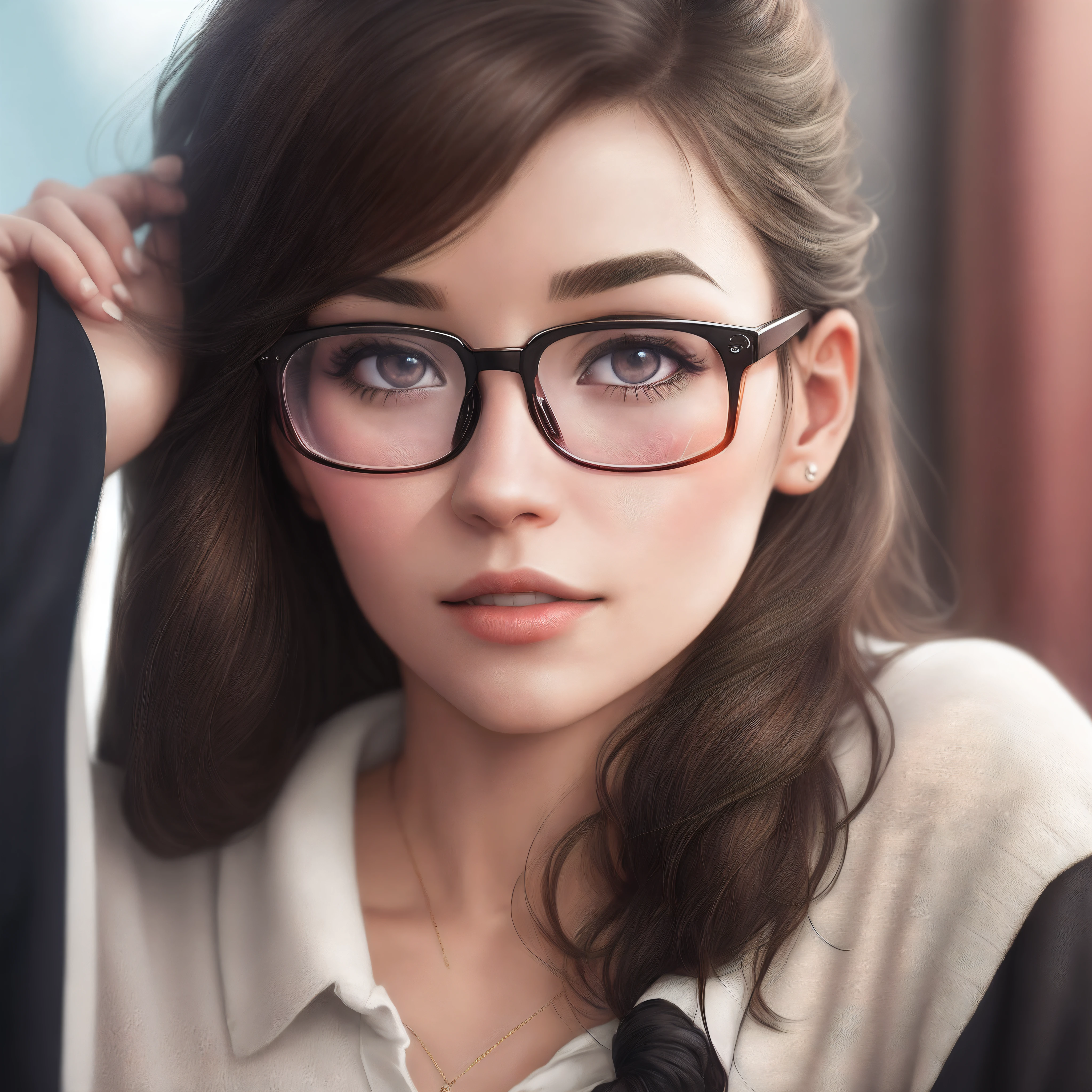 Hyper realistic and detailed picture of 1 gorgeous european black hair woman, pale skin, straight hair, blue eyes, glasses, age 23, she's a men magazine model, flirts with camera, beautiful smiling woman sending a kiss to the camera. posing on the in the beautiful garden full of flowers, perfect eyes, (Eye makeup:1.1), perfect breast, perfect body, perfect hair, perfect hands, RAW, analog style, sharp focus, 8k UHD, DSLR, high quality, Fujifilm XT3, grain, award winning, masterpiece
