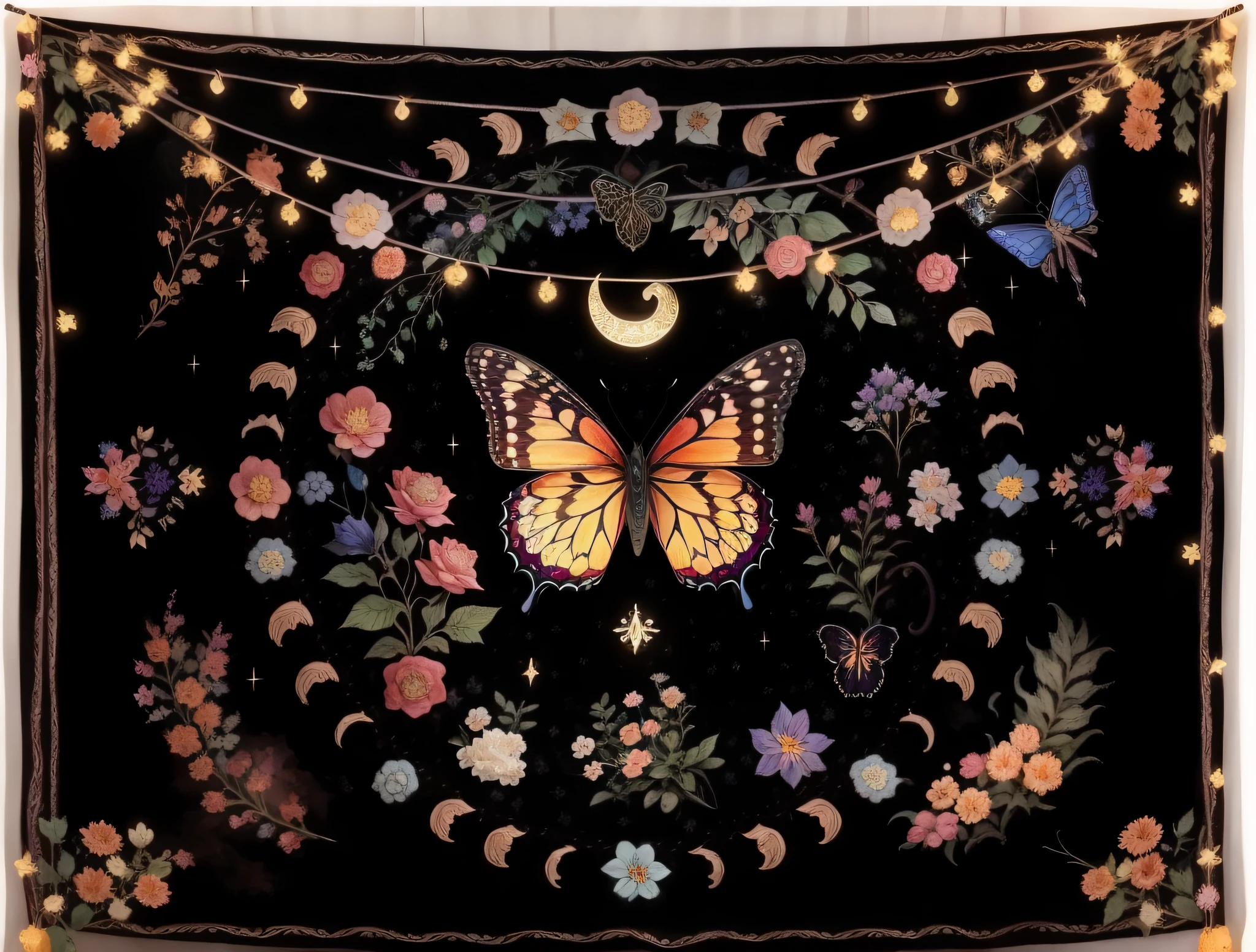 Close-up of tapestry with butterflies and flowers, tapestries of dreams, tapestry, cottagecore hippie, witch clothes, Magical and mysterious, designed for cozy aesthetics!, Intricate tapestries, ✨🕌🌙, Wearing psychedelic witchcraft, dreamy and detailed, butterfly embroidery, The tapestry hangs from the ceiling, 2 0 2 0, 2020