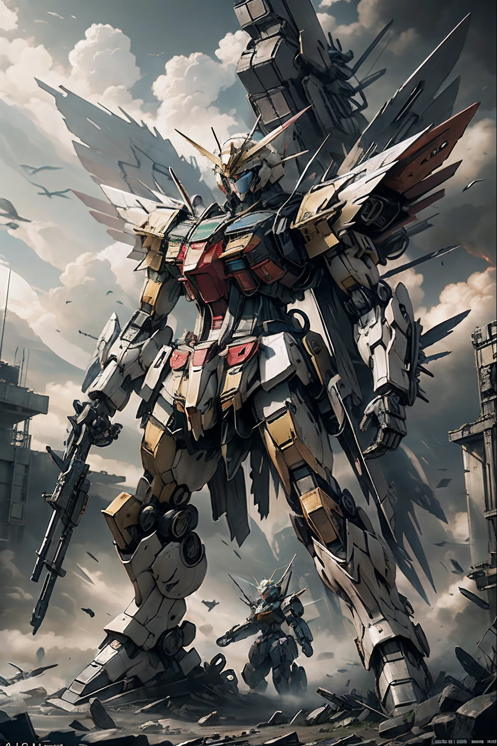 gundam, mecha, giant robot, masterpiece, gundam_freedom, wings, flying, Apocalypse, dooms day, Illustration, cinematic light, high resolution, best quality, ultra detailed,