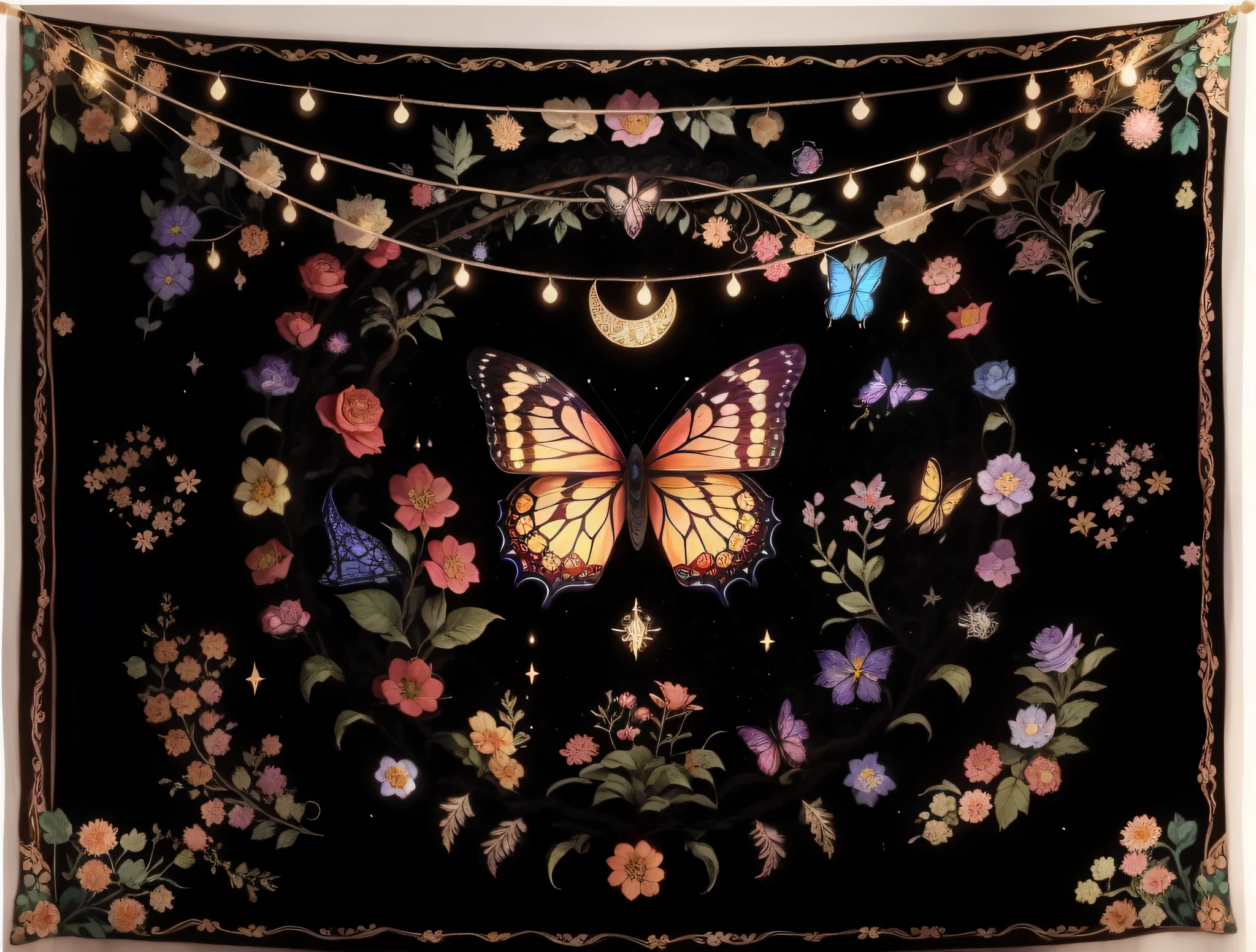 Close-up of tapestry with butterflies and flowers, tapestries of dreams, tapestry, cottagecore hippie, witch clothes, Magical and mysterious, designed for cozy aesthetics!, Intricate tapestries, ✨🕌🌙, Wearing psychedelic witchcraft, dreamy and detailed, butterfly embroidery, The tapestry hangs from the ceiling, 2 0 2 0, 2020