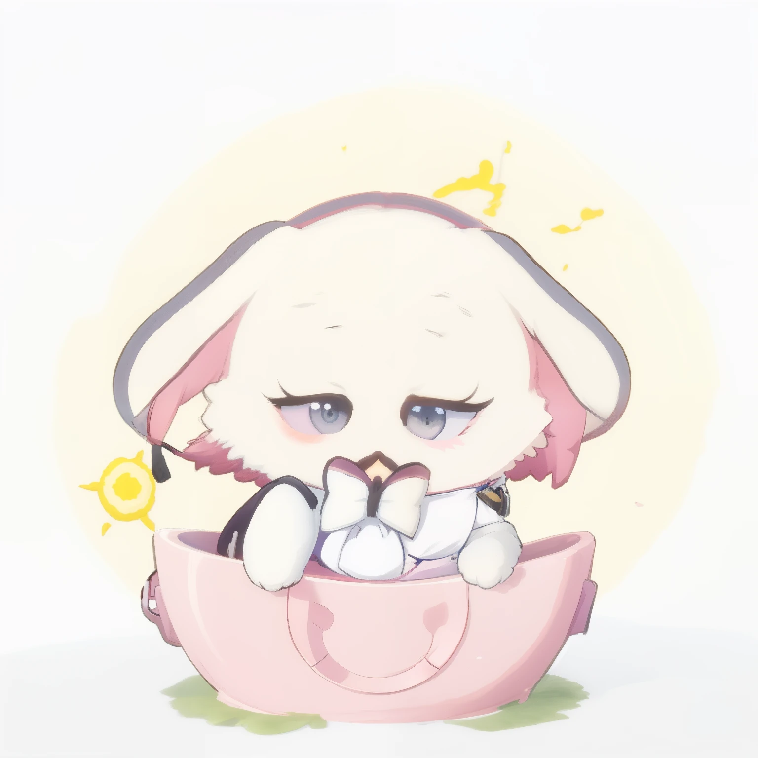 There is a cartoon kitten sitting on a flower，The background is the sun, Inspired by Prue's paintings, Pisif, sōsaku hanga, Kawaii chibi, sitting on a lotus flower, kawaii cute dog, Soft anime illustration, Middle metaverse, kawaii, Cute:2, cute artwork, cutecore