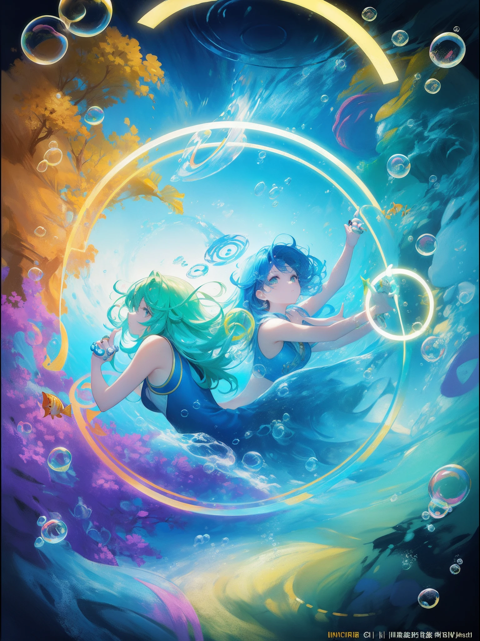 Underwater, colorful and beautiful Small tropical fish pass through a (circle of bubbles, ring of bubbles:1.3). Bright light illuminates the sea. no Human. Detailed drawing. Vivid colors. High image quality. (Best Quality), (masutepiece:1.3), Unity 8K Wallpaper. a beautiful artwork illustration, SIDESHOT,