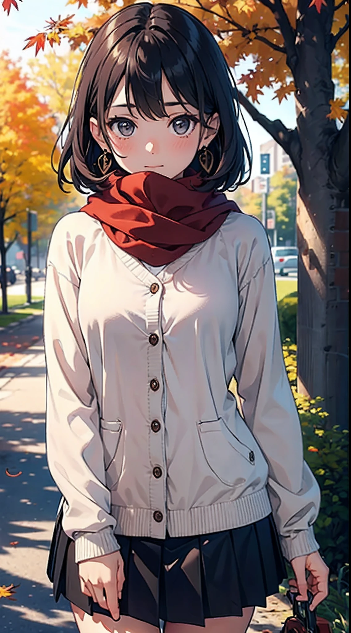 (best quality, masterpiece:1.2) 1girl, solo, autumn leaves, holding camera, autumn, brown hair, looking at viewer, blush, red scarf, outdoors, long sleeves, maple leaf, upper body, blurry background, depth of field, earrings, sleeves past wrists, sweater, medium hair, blurry foreground, grey eyes, tree, covered mouth, brown skirt, day, buttons, pleated skirt