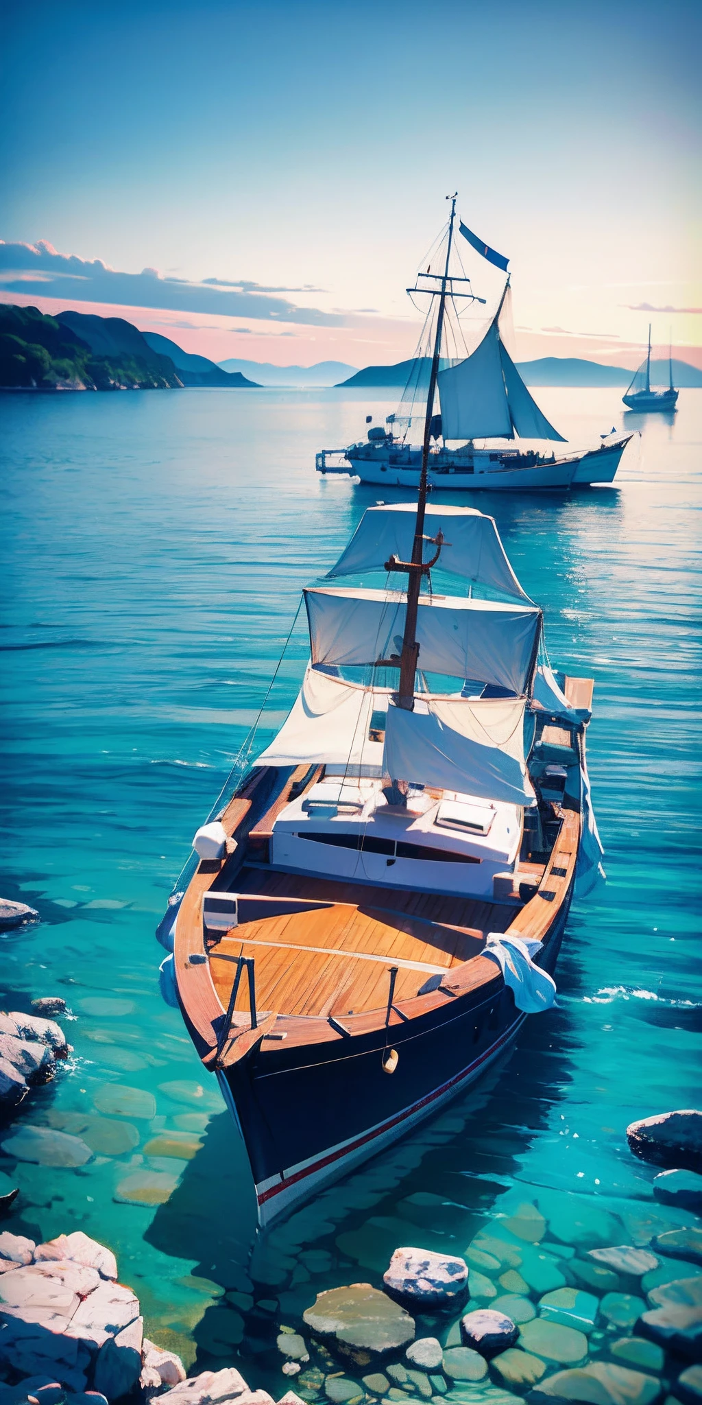 A small white boat floating on top of a body of water, croatian coastline, photo taken with ektachrome, Crystal clear sea, mediterranean island scenery, crystal clear blue water, Purified water, clear blue water, blue and green water, crystal clear water, perfectly calm waters, beautiful sea landscapes, azure blue water, Blue waters, green waters, Today's Featured Photography 4K, overcast day, Medium cream boat, Boats away from the coastline, The atmosphere of nightfall, Shoot with high-quality camera models, Capture the composition of the ship in the center of the frame, Highlight the elegance of the boat and the expansive view of the surrounding sea, Soft and diffused lighting，The functionality of the boat is enhanced and a peaceful atmosphere is created, shallowdepthoffield，to emphasize the boat and create a dreamy effect, The slow shutter speed captures the gentle movement of the boat on calm water, Impeccable photo quality，Bright colors and intricate details of the scene are shown, Showcase the picturesque beauty of the Croatian coastline and the stunning azure and green waters.    --AR9;16