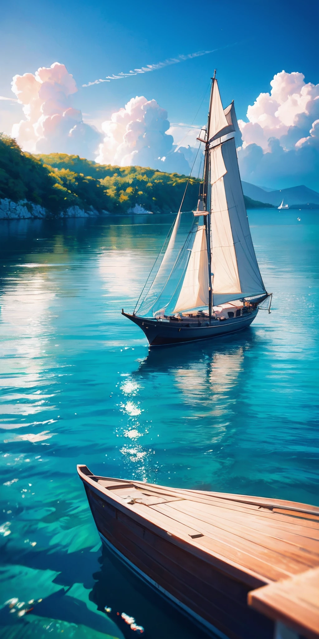 A small white boat floating on top of a body of water, croatian coastline, photo taken with ektachrome, Crystal clear sea, mediterranean island scenery, crystal clear blue water, Purified water, clear blue water, blue and green water, crystal clear water, perfectly calm waters, beautiful sea landscapes, azure blue water, Blue waters, green waters, Today's Featured Photography 4K, overcast day, Medium cream boat, Boats away from the coastline, The atmosphere of nightfall, Shoot with high-quality camera models, Capture the composition of the ship in the center of the frame, Highlight the elegance of the boat and the expansive view of the surrounding sea, Soft and diffused lighting，The functionality of the boat is enhanced and a peaceful atmosphere is created, shallowdepthoffield，to emphasize the boat and create a dreamy effect, The slow shutter speed captures the gentle movement of the boat on calm water, Impeccable photo quality，Bright colors and intricate details of the scene are shown, Showcase the picturesque beauty of the Croatian coastline and the stunning azure and green waters.    --AR9;16