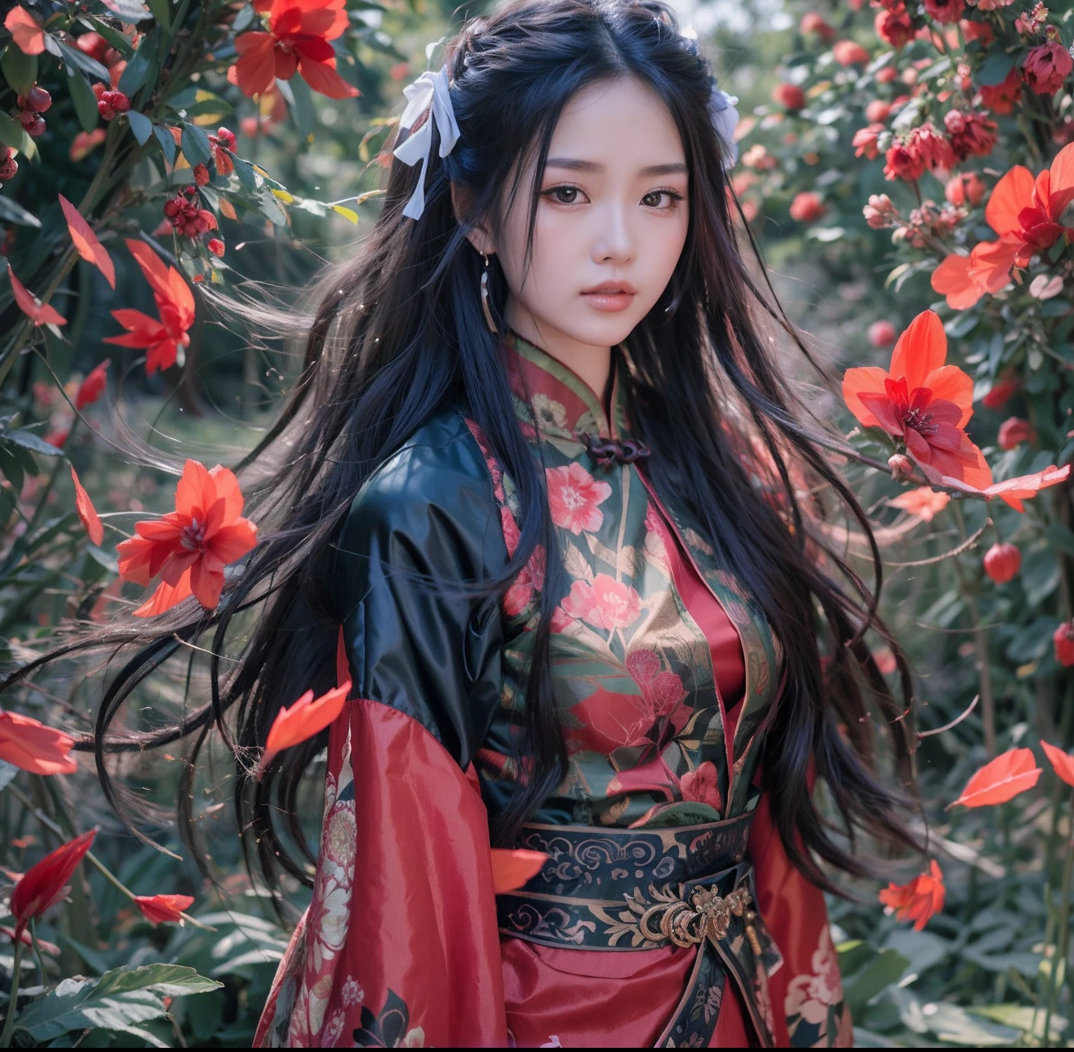 Araki woman in a red and black dress standing in the garden, Palace ， A girl in Hanfu, Hanfu, Chinese style, with acient chinese clothes, Chinese costume, Chinese dress, Traditional Chinese clothing, Chinese traditional, Wearing ancient Chinese clothes, Chinese fantasy, Chinese girl, Cheongsam, xianxia fantasy, China Princess, a beautiful fantasy empress