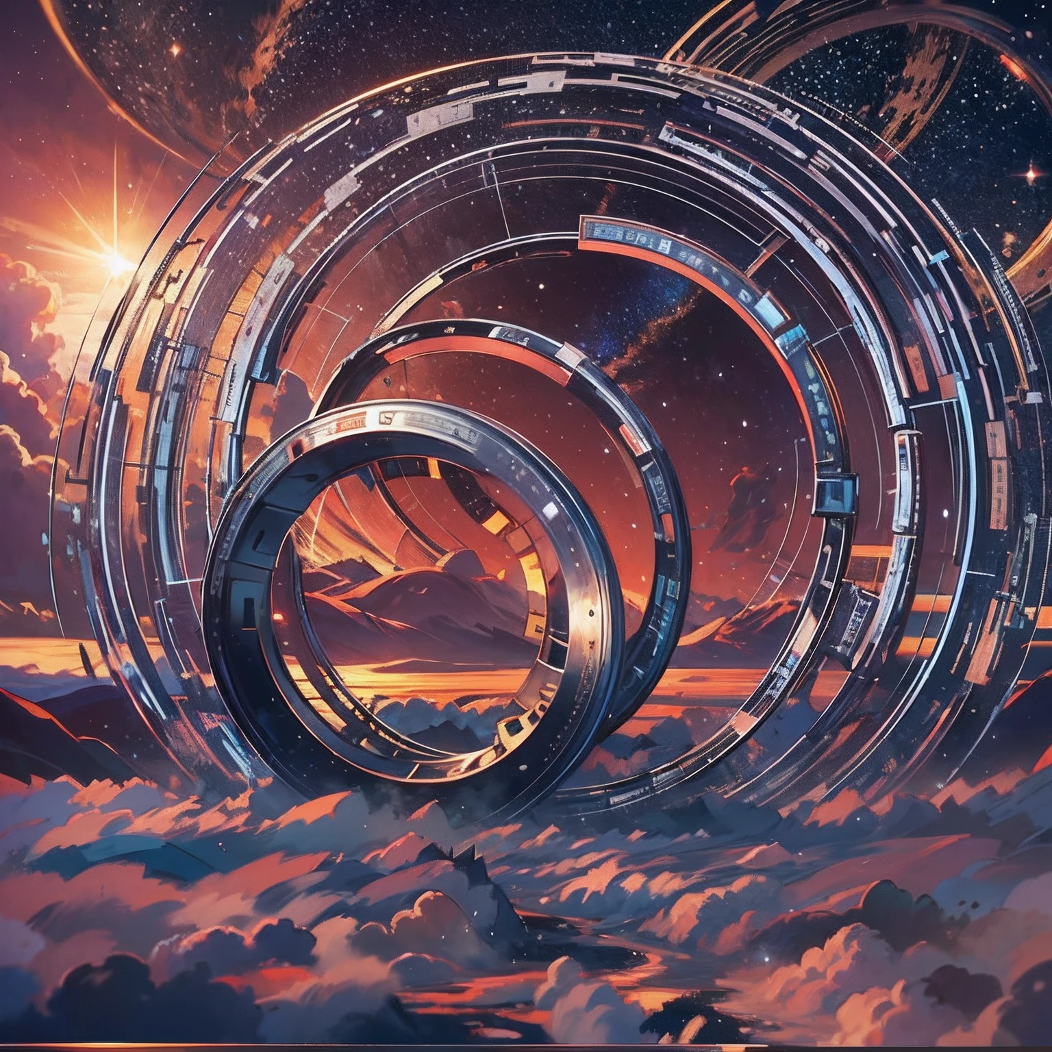 Detailed galaxy landscape, a sun with giant steel ring structures around it, rings of steel, rings, centered, circle, circle composition, masterpiece, best quality