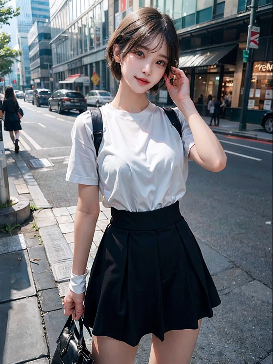 (Raw photography:1.2)、top-quality、a beautiful detailed girl、A smile、short-haired、extremely detailed eye and face、beatiful detailed eyes、huge filesize、hight resolution、8k wallpaper、finely detail、Highly detailed ticker uniform 8K wallpaper、Light on the Face、电影灯光、16-year-old girl、Cute poses、(photorealisim:1.4)、Human、super detailing、Colossal tits、having clothes are worn、tshirts、Black long skirt、In the street、Pull、full bodyesbian