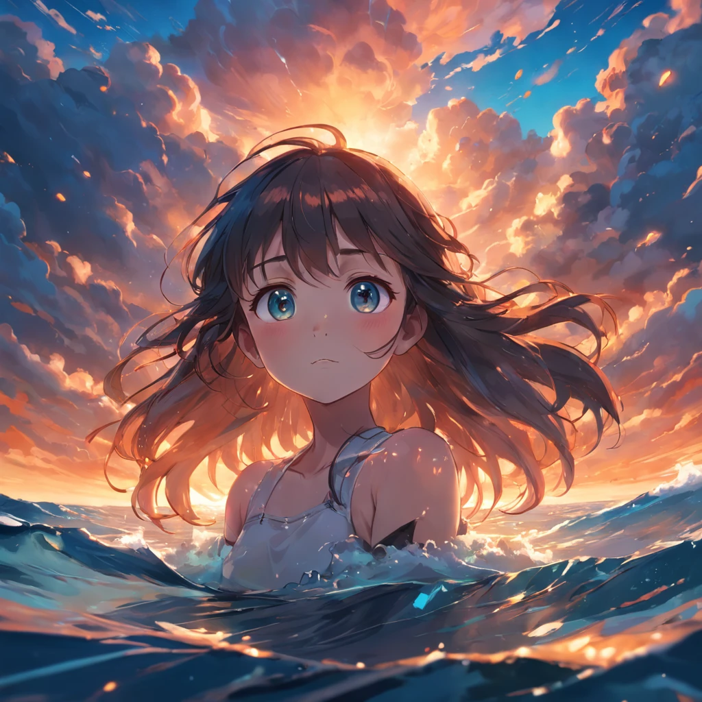 a girl looking into the depths of the ocean, masterpiece, best quality, movie still, 1girl, cloud girl, floating in the sky, close-up, bright, happy, warm soft lighting, sunset, (sparks:0.7)
