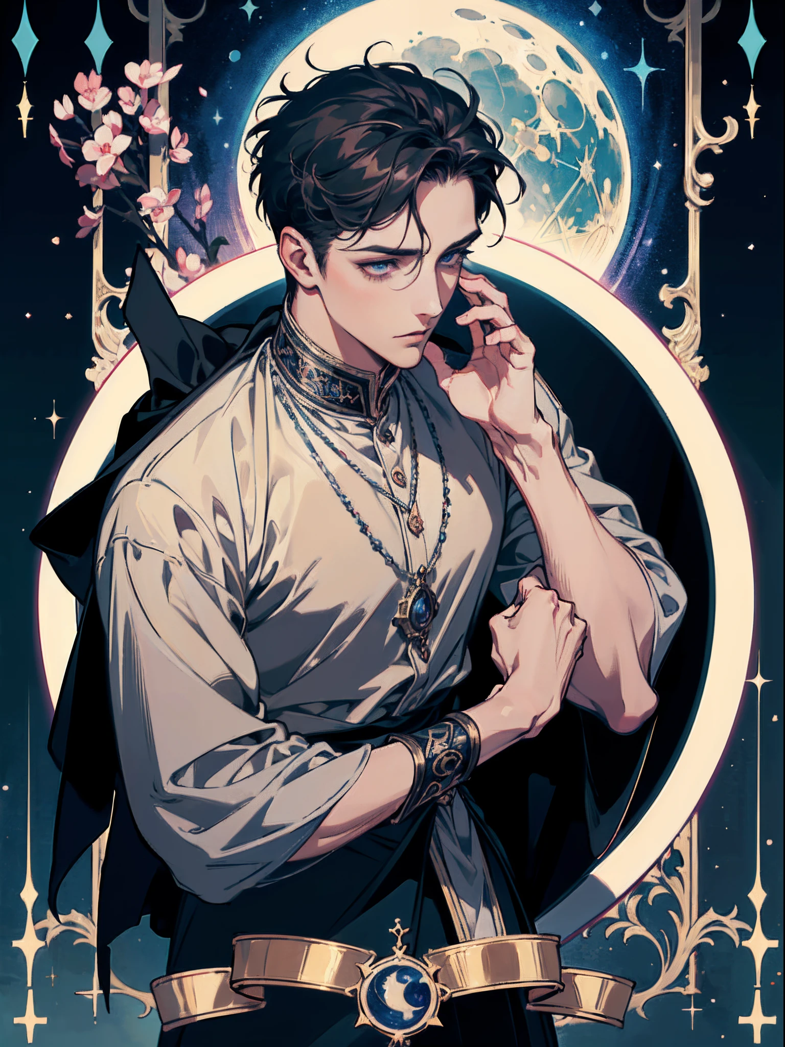 (absurdres, highres, ultra detailed), 1 male, adult, handsome, finely detailed eyes and detailed face, night sky, the moon \tarot\, Symbolism, Visual art, Occult, Universal, Vision casting, Philosophical, Iconography, Numerology, Popularity, Artistic, Alphone Mucha, short hair,