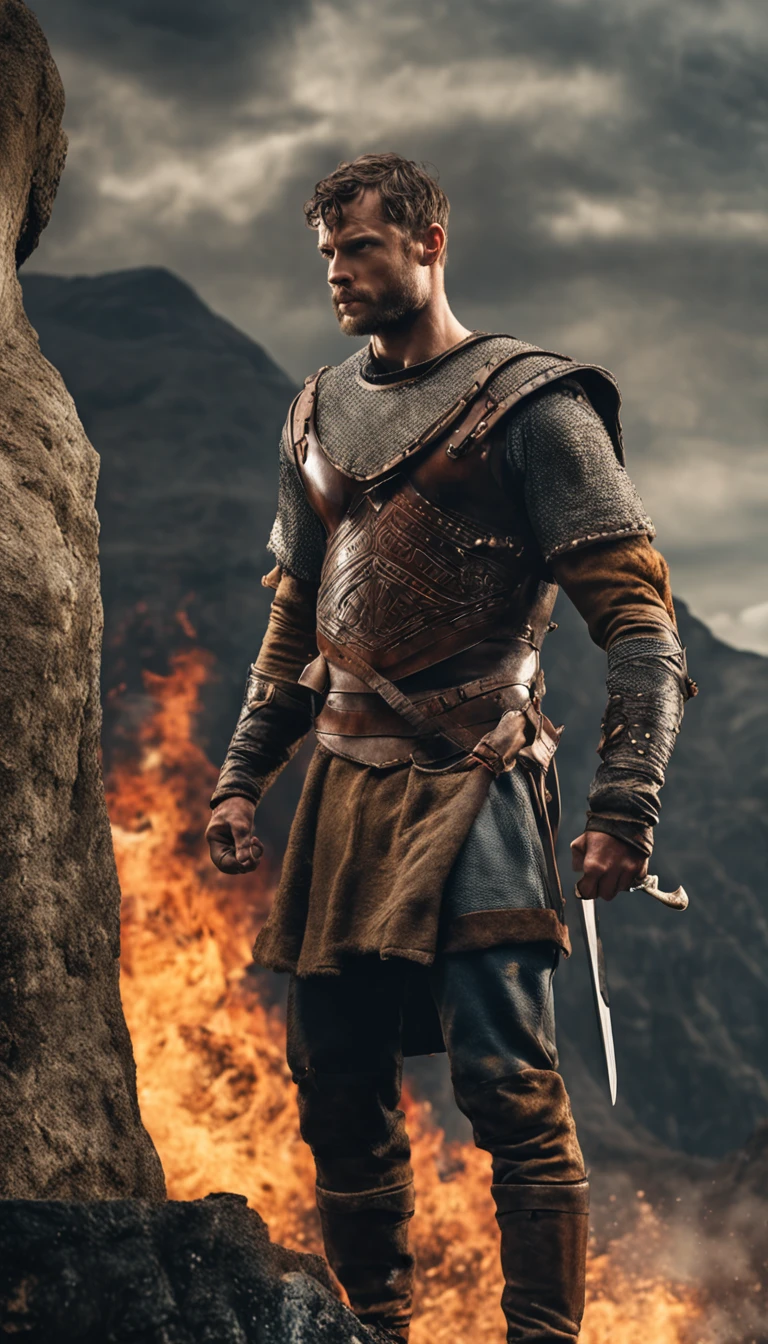 A 24-year-old Viking warrior in traditional dress, standing in the middle of a battlefield, strong and fierce. Shot in portrait style with depth of field effect, tilt blur and shutter speed of 1/1000, F/22. Pay special attention to the lighting, which should be a mixture of natural and cinematic lighting, creating shadows and contrasts on your face. Aim for a hyper-realistic, super-detailed image. -ar 9:16 -s 750 -q 2 -v 5.2.