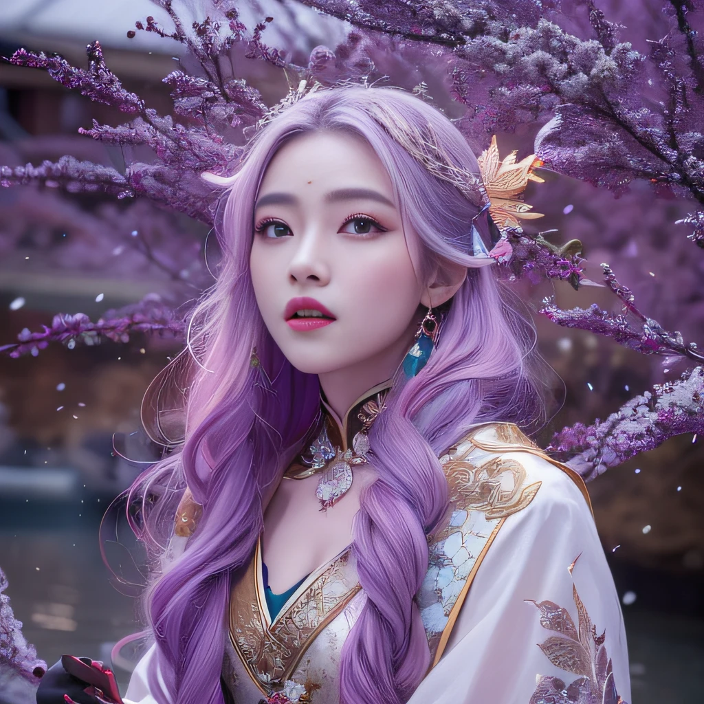 Snow hoop exclusion area 32K（tmasterpiece，k hd，hyper HD，32K）Long flowing purple-pink hair，Autumn Pond，zydink， a color， Tongzhou people （Girl with glowing eyes）， （Thin silk scarf）， Combat posture， looking at the ground， long whitr hair， Floating hair， Python headdress， Chinese long-sleeved clothing， （abstract ink splash：1.2）， white backgrounid，Lotus protector（realisticlying：1.4），Purple-pink hair，Snowflakes fluttering，The background is pure， A high resolution， the detail， RAW photogr， Sharp Re， Nikon D850 Film Stock Photo by Jefferies Lee 4 Kodak Portra 400 Camera F1.6 shots, Rich colors, ultra-realistic vivid textures, Dramatic lighting, Unreal Engine Art Station Trend, cinestir 800，Long flowing purple-pink hair