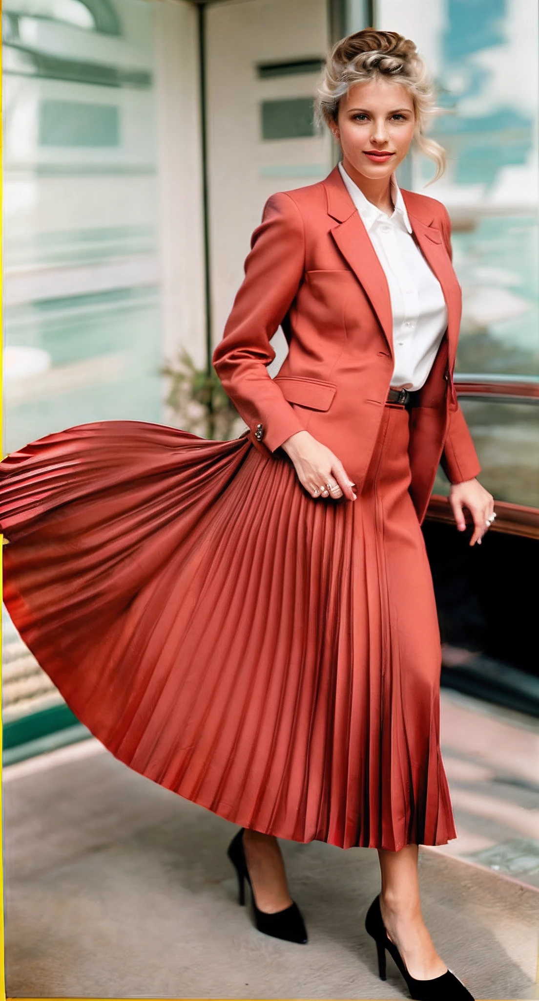 year 1994, lesbian space therapist, very (flirty:1,5) smiling good women wearing a short blazers and very very detailed (long (fully pleated) full circle skirts) and (simple) low heeled office shoes, very very intricate hyper-detailed symmetric (attractive graceful young feminine faces) with (sad, tired eyes and a shy smile), large breasts, full of empathy and compassion and love, (pronounced (feminine) features), (highly detailed ultra accurate realistic) hands and fingers, (windy conditions and wind blowing), epic composition, highly detailed attributes, highly detailed atmosphere, (35mm f1.4 Kodak portra 400 photograph), extremely high quality RAW photograph,