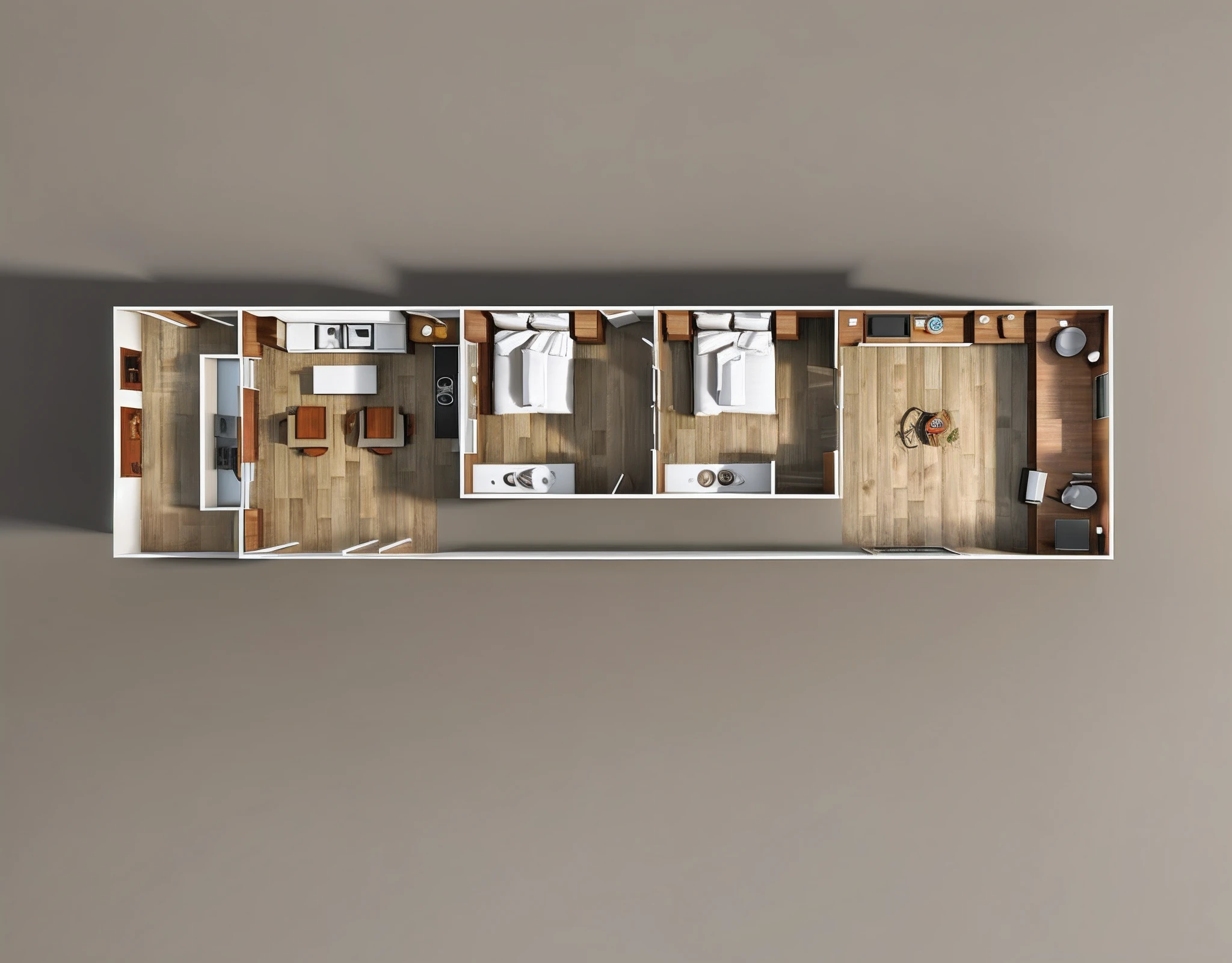 a drawing of a floor plan of a two bedroom apartment, floor plan, floor plan view, layout, architectural plan, plan drawing, layout of map, 2 5 6 x 2 5 6, 256x256, plan, single floor, overhead ground floor, petspective room layout, layout design, building plans, 2 d overhead view, floor b2, Drawing the interior of the house on the floor plan of 5m wide, 20.4m long, 600 x 600 mm wooden tiles, modern brown cowhide leather sofa living room, bedroom combined with walnut cabinets, kitchen with stone pedestal , white sink, yellow tiled toilet, wooden door, washing machine, refrigerator, raw image, high quality image, create window with best daylight, EU5 quality render